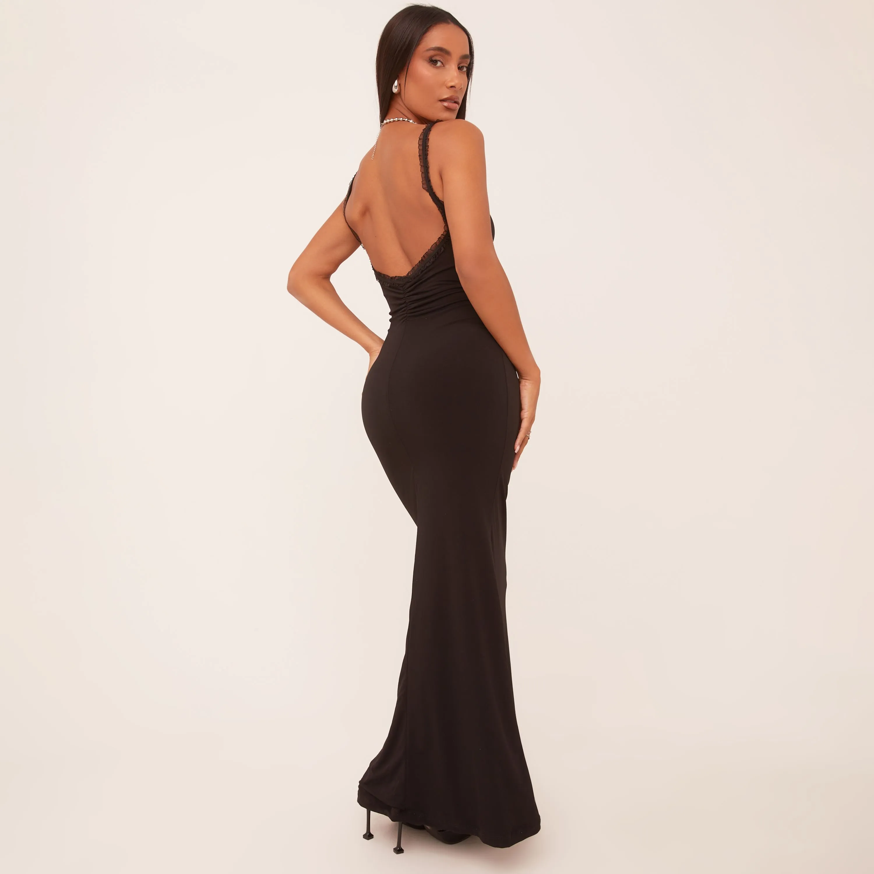 Strappy Frill Edge Cut Out Maxi Dress In Black Mesh