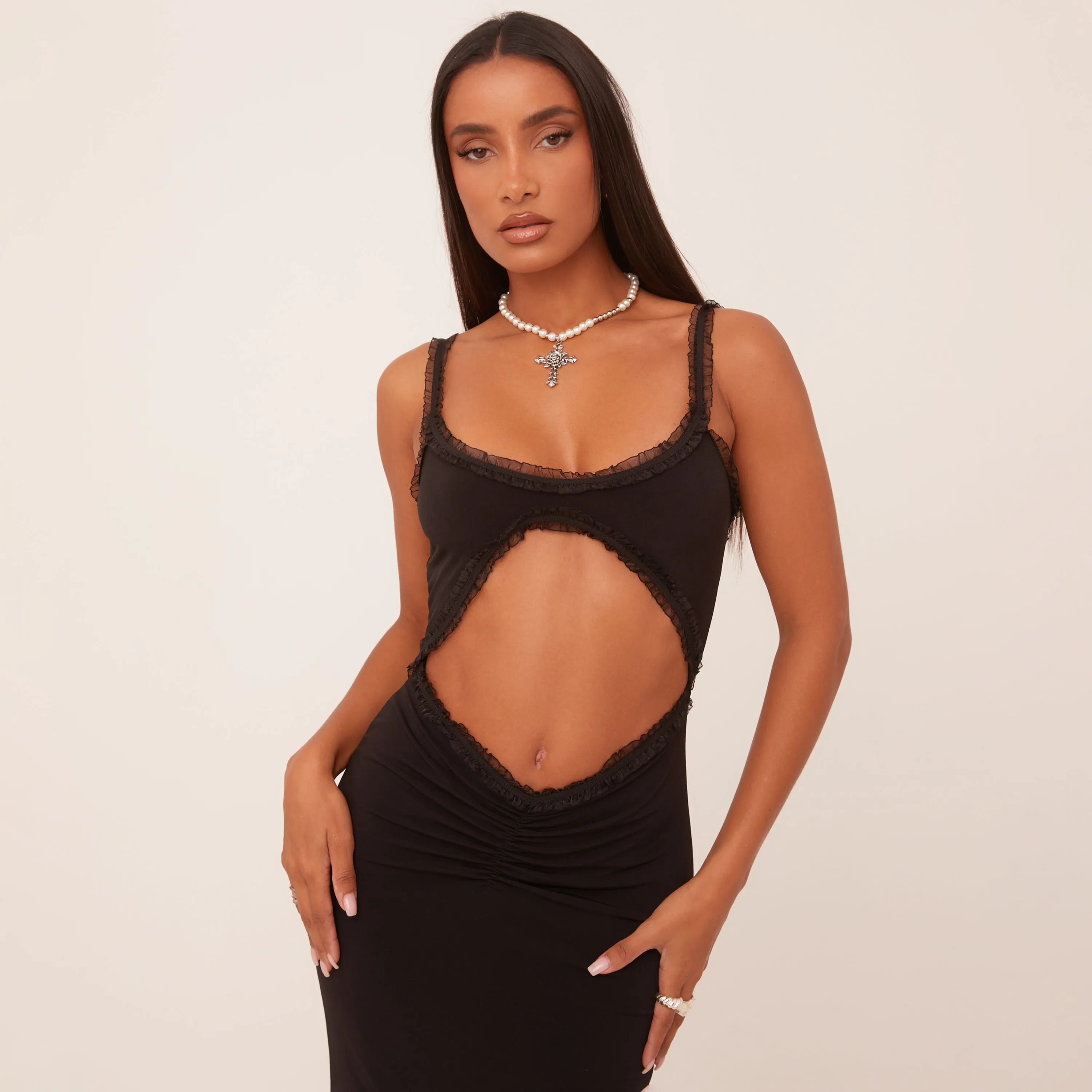 Strappy Frill Edge Cut Out Maxi Dress In Black Mesh