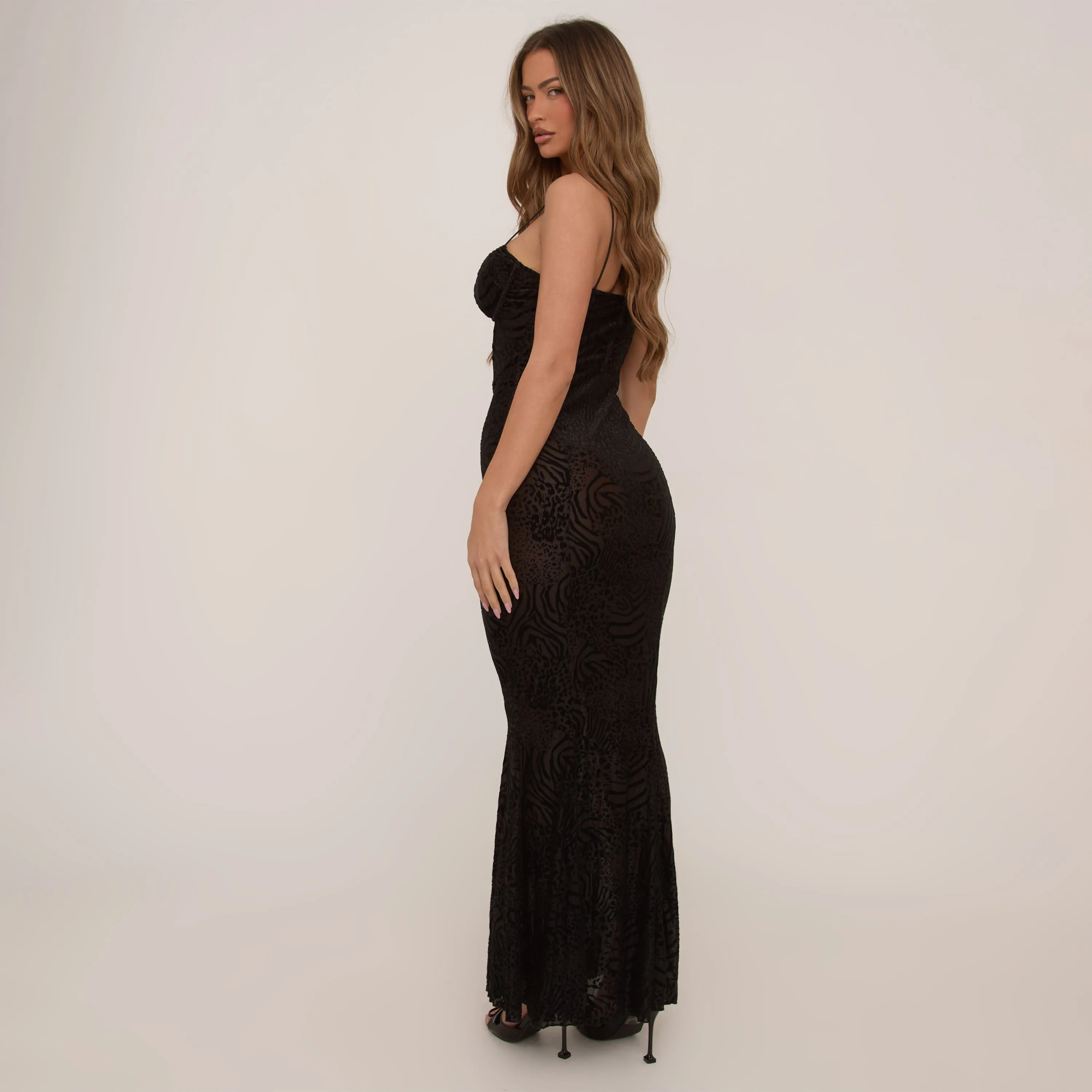 Strappy Ruched Bust Maxi Dress In Black Abstract Devore