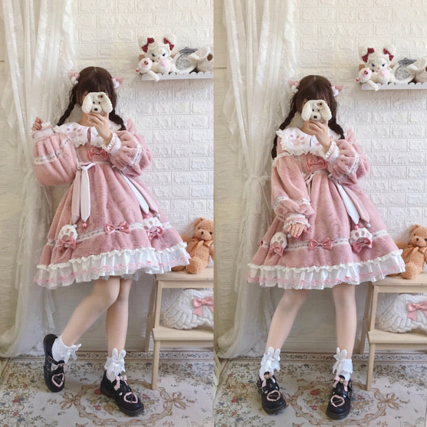 Super warm soft fleece soft milk kitty dress