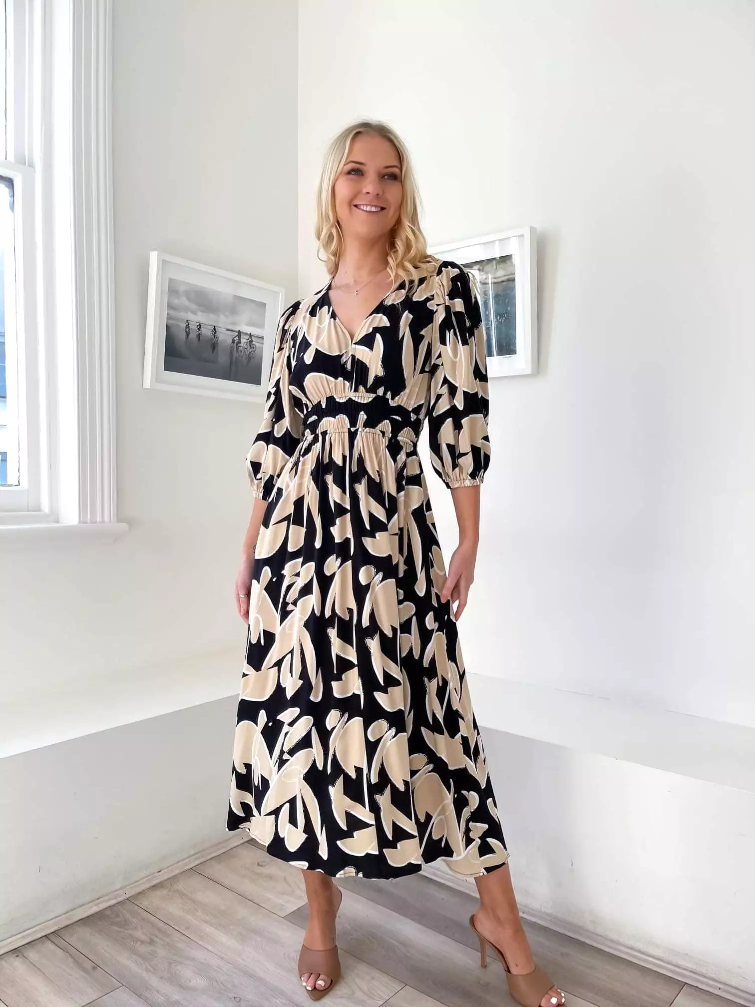 Sutton Dress (Taupe & Black Abstract Print)