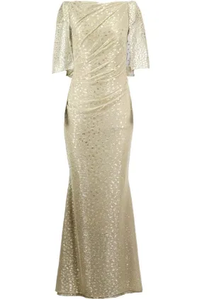 TALBOT RUNHOF CAPE EFFECT DRAPED METALLIC FIL COUP VOILE GOWN US 8 UK 12