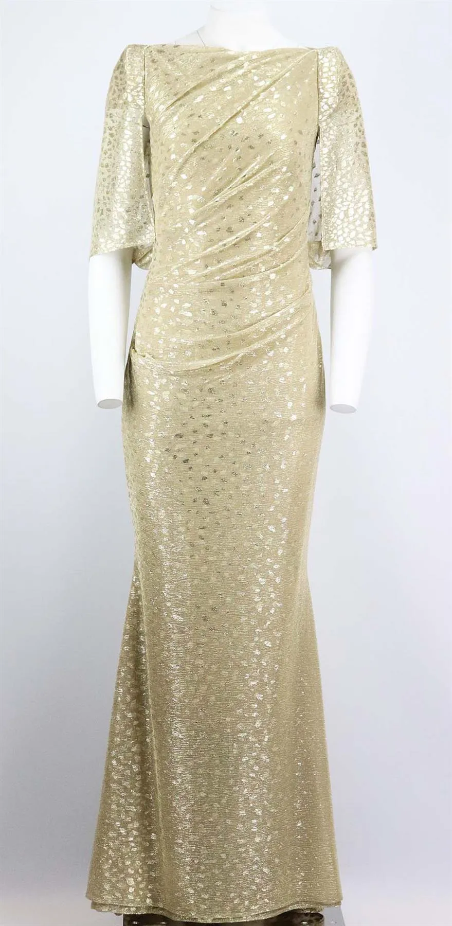 TALBOT RUNHOF CAPE EFFECT DRAPED METALLIC FIL COUP VOILE GOWN US 8 UK 12