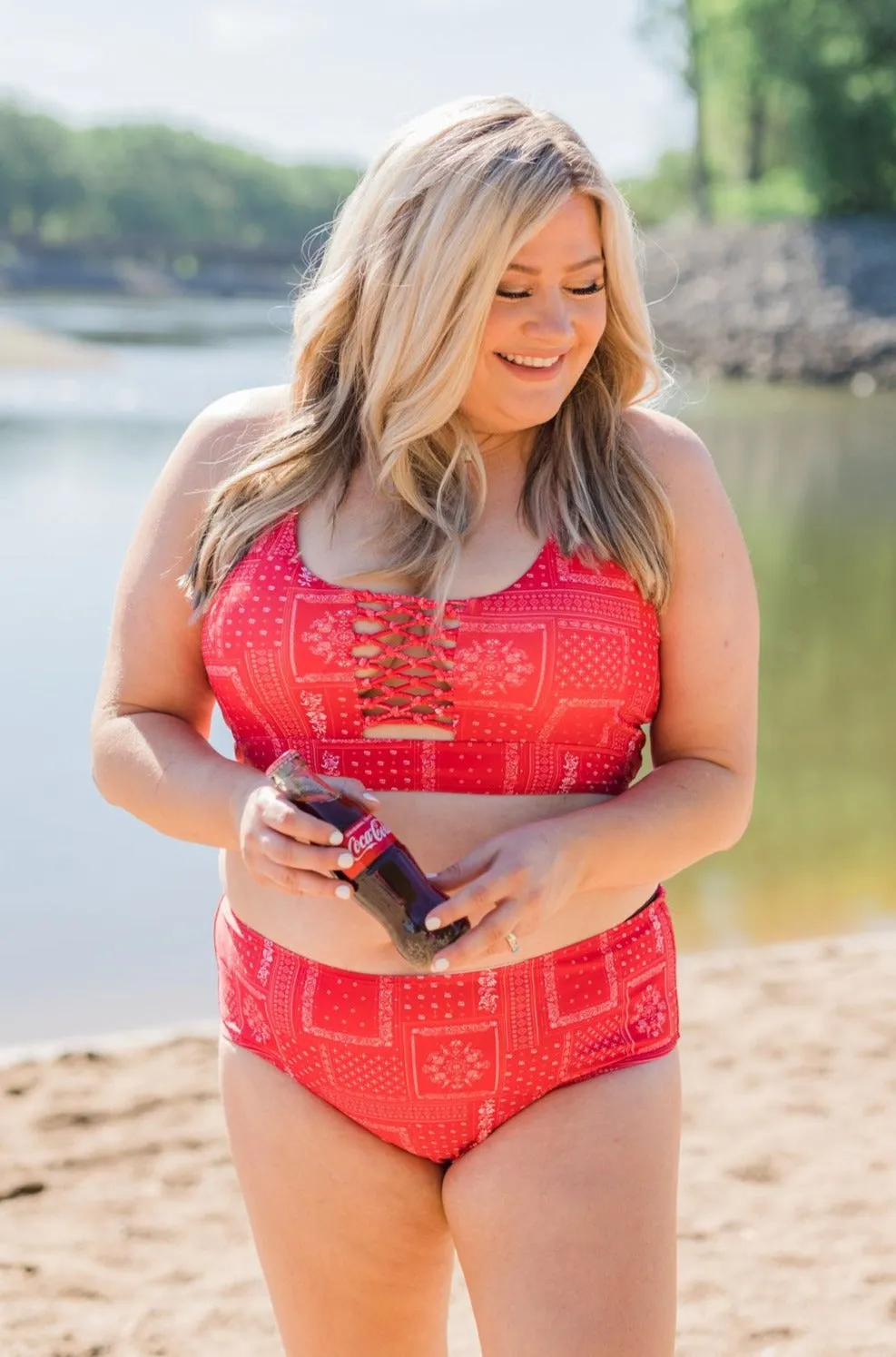 Tropical Breeze Braided Swim Top- Red Bandana Print