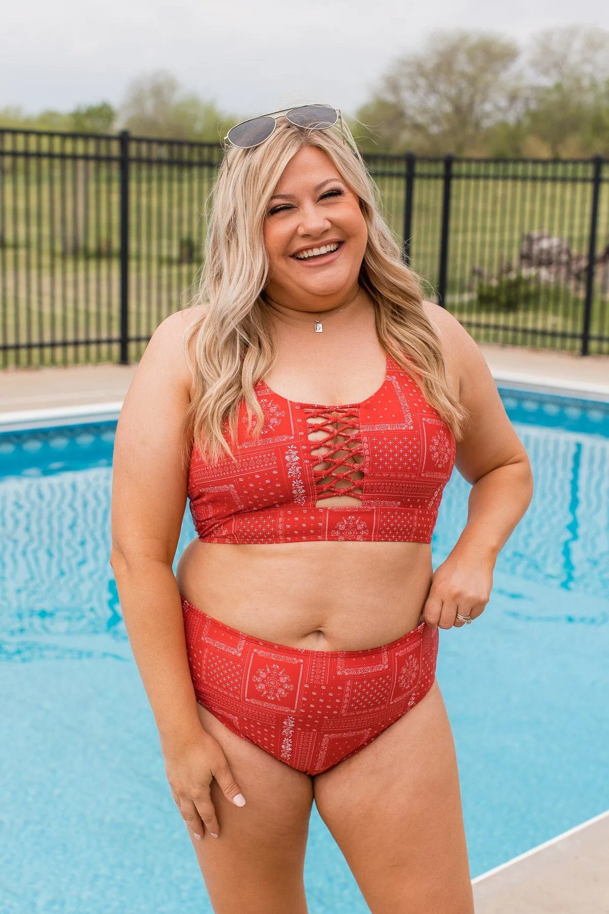 Tropical Breeze Braided Swim Top- Red Bandana Print