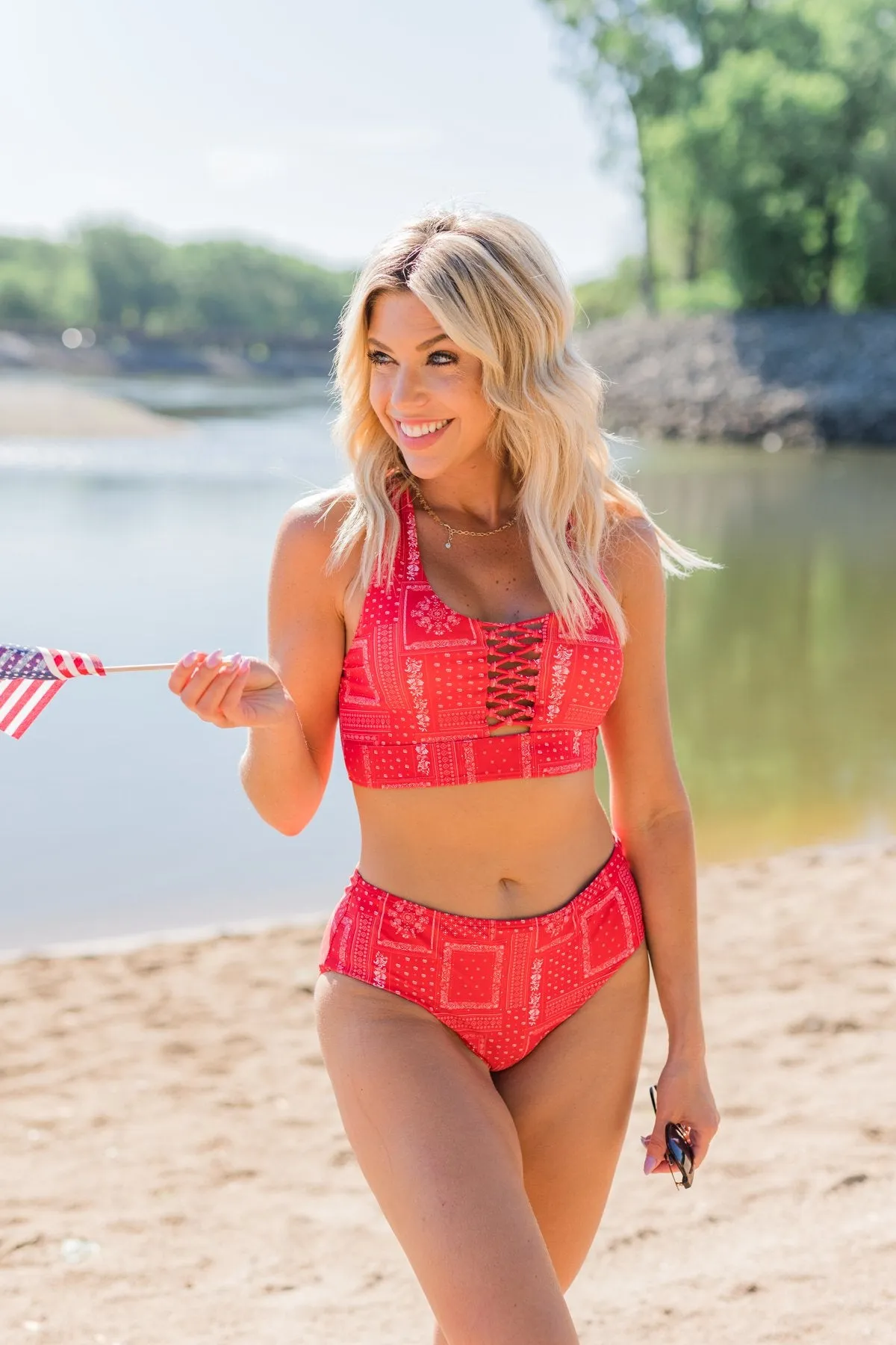 Tropical Breeze Braided Swim Top- Red Bandana Print