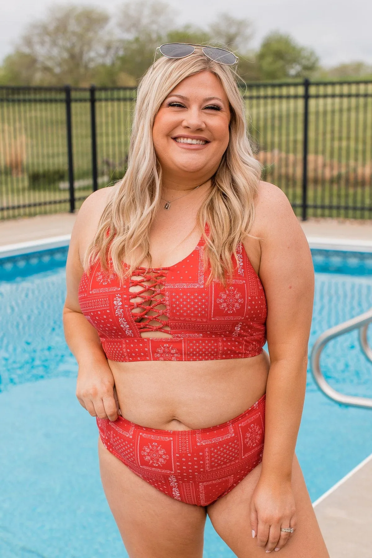 Tropical Breeze Braided Swim Top- Red Bandana Print