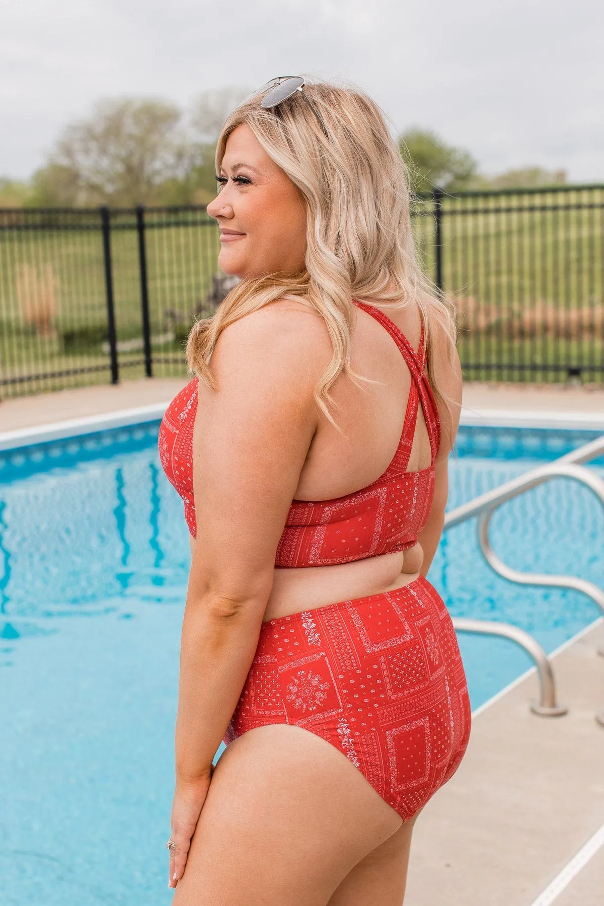 Tropical Breeze Braided Swim Top- Red Bandana Print