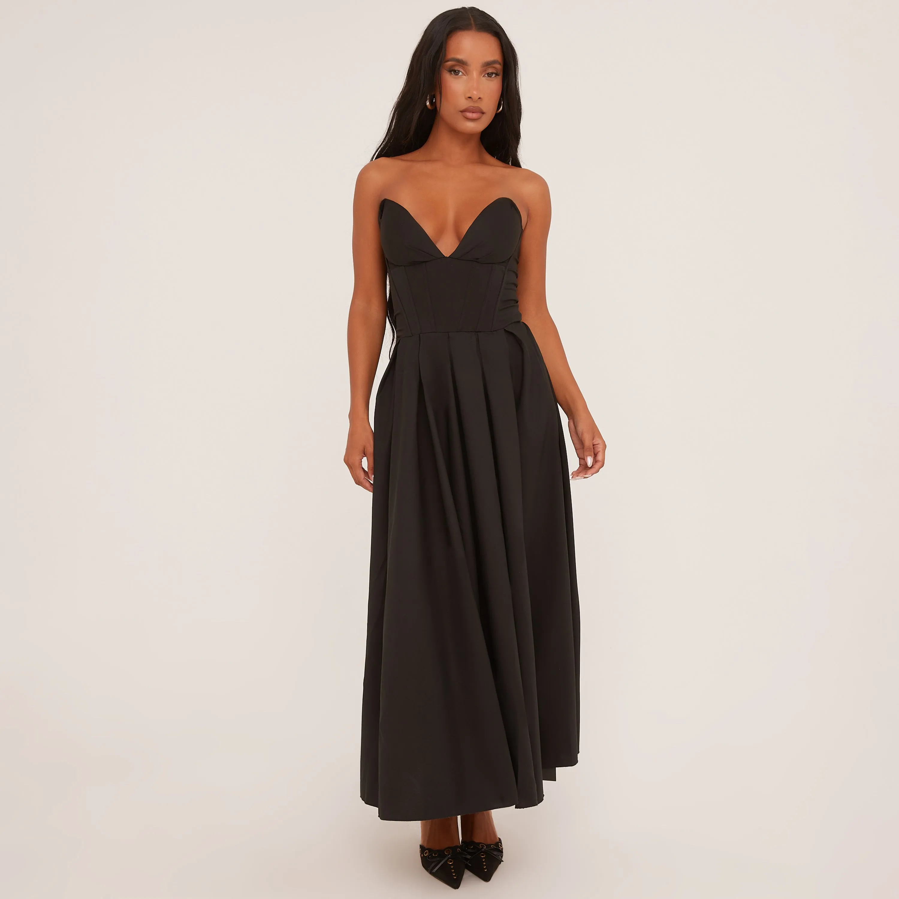 V Front Skater Maxi Dress In Black Woven