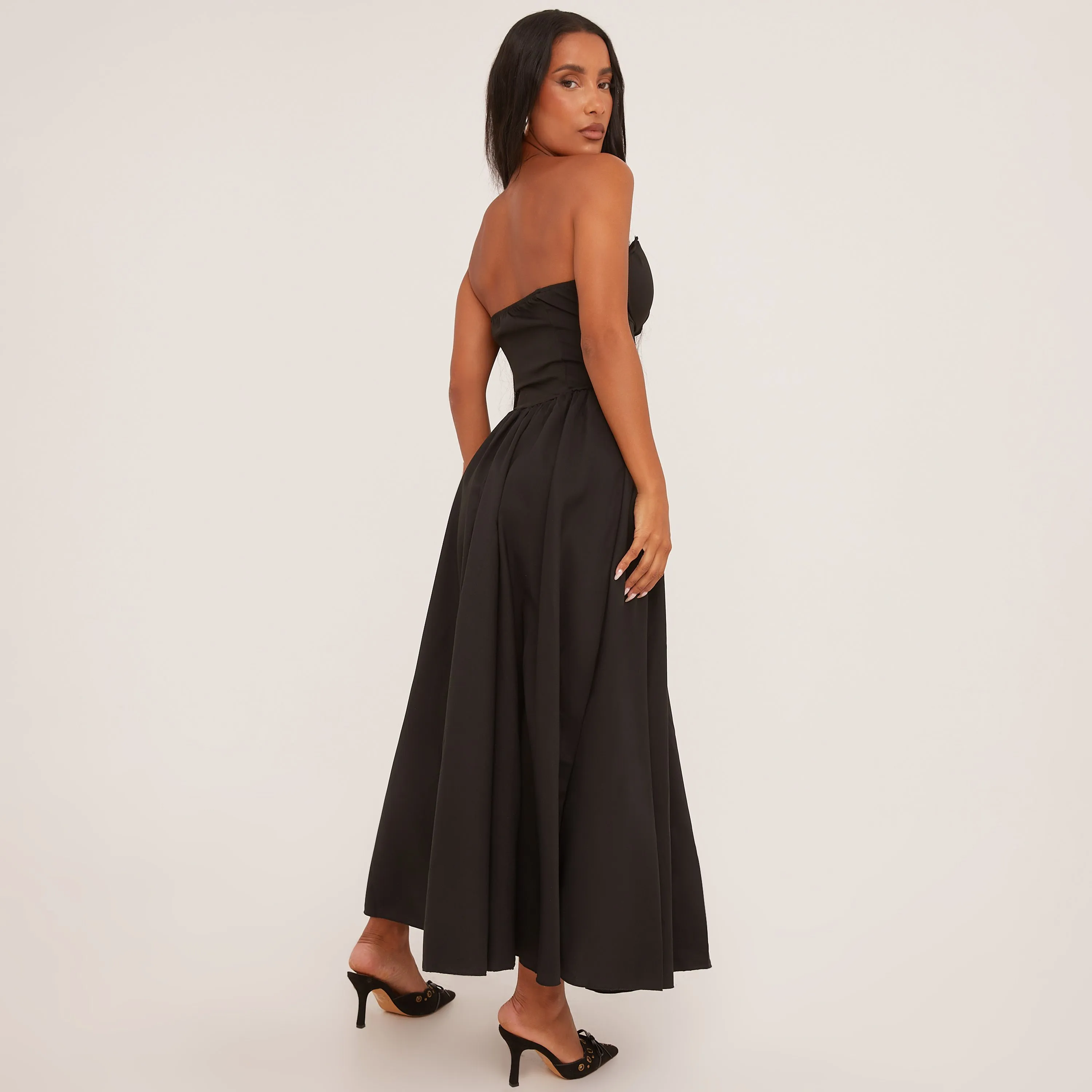 V Front Skater Maxi Dress In Black Woven