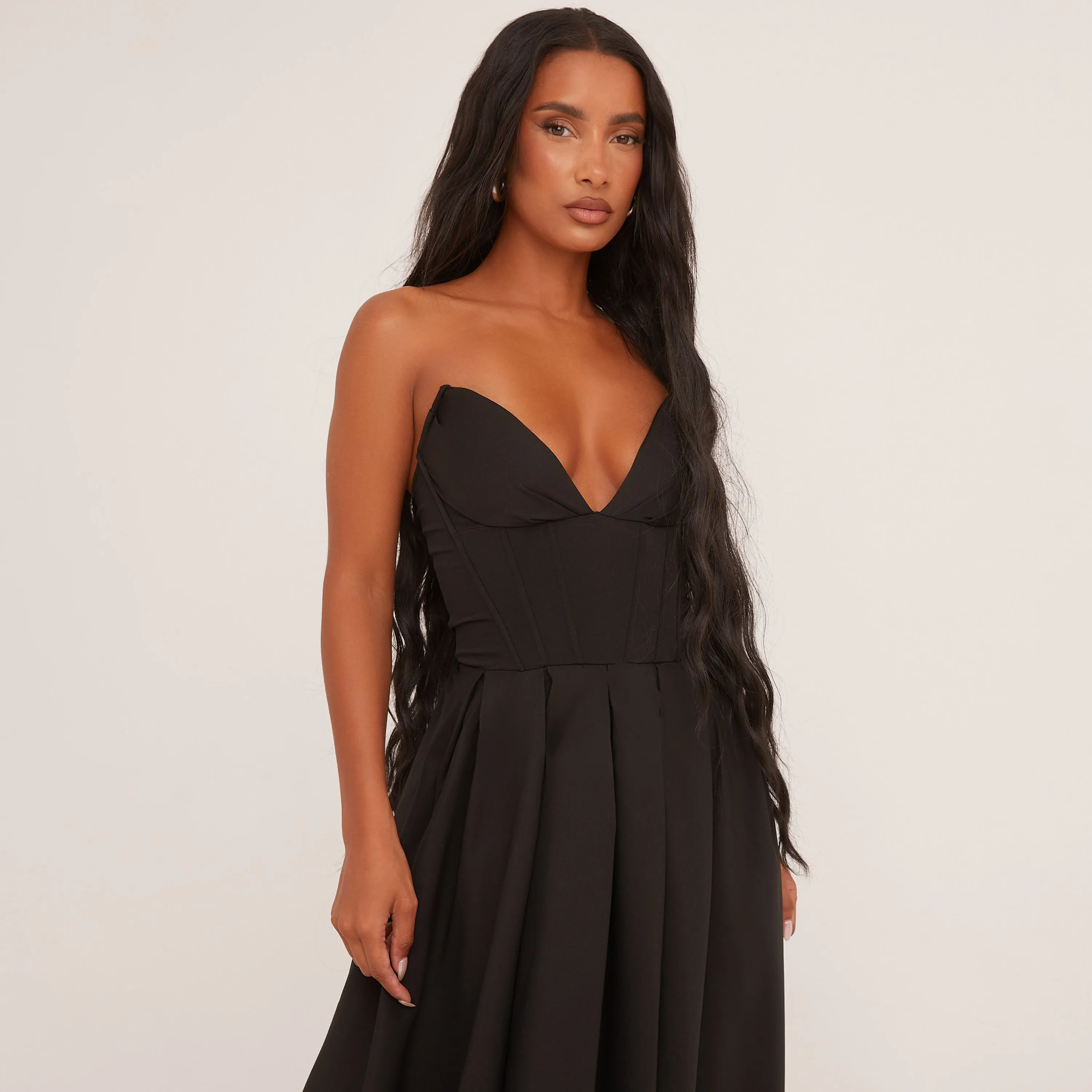 V Front Skater Maxi Dress In Black Woven