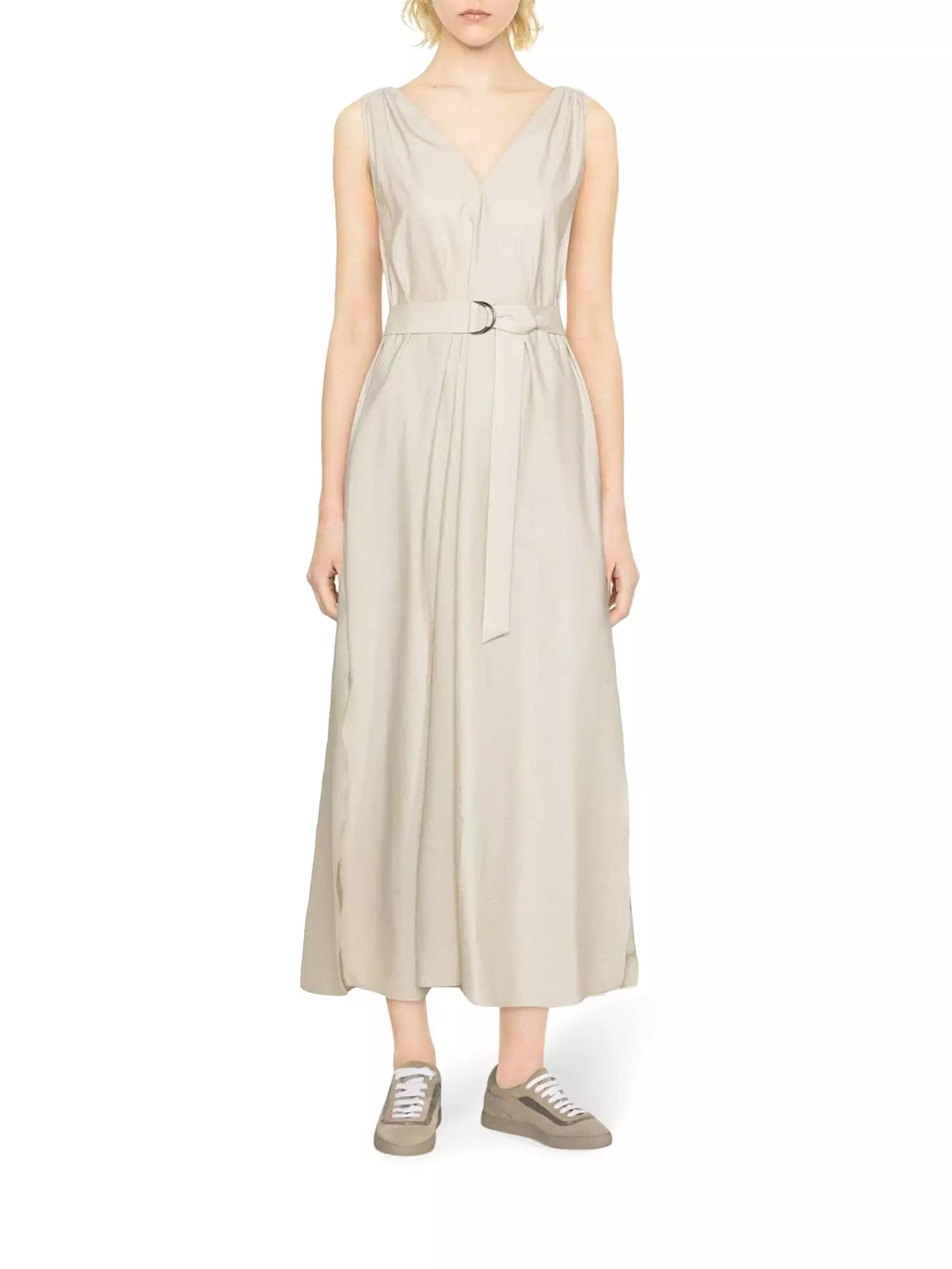 V-neck belted maxi dress