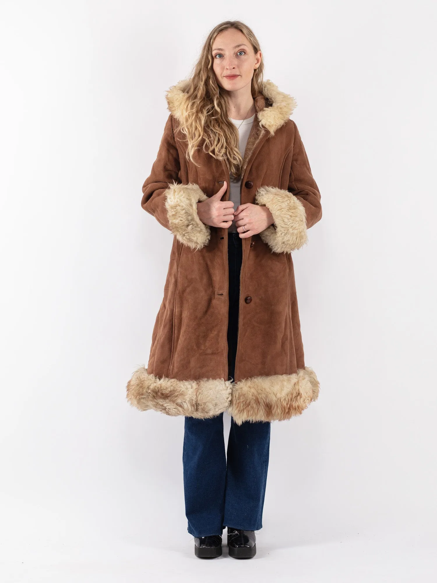 Vintage 70's Hooded Penny Lane Sheepskin Coat in Brown