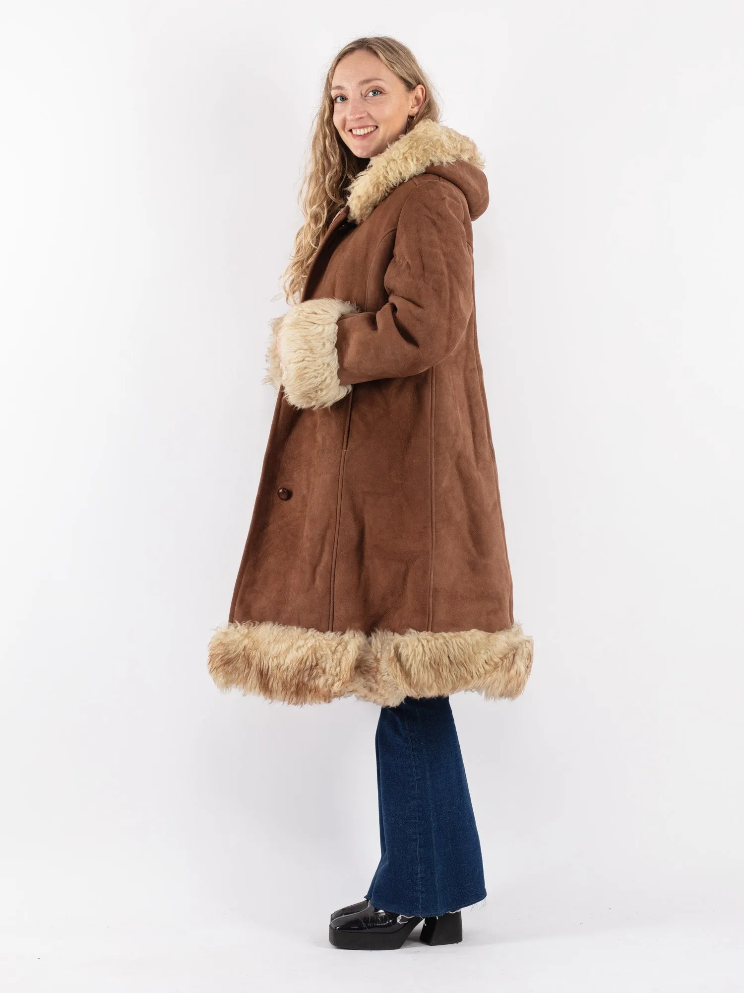 Vintage 70's Hooded Penny Lane Sheepskin Coat in Brown