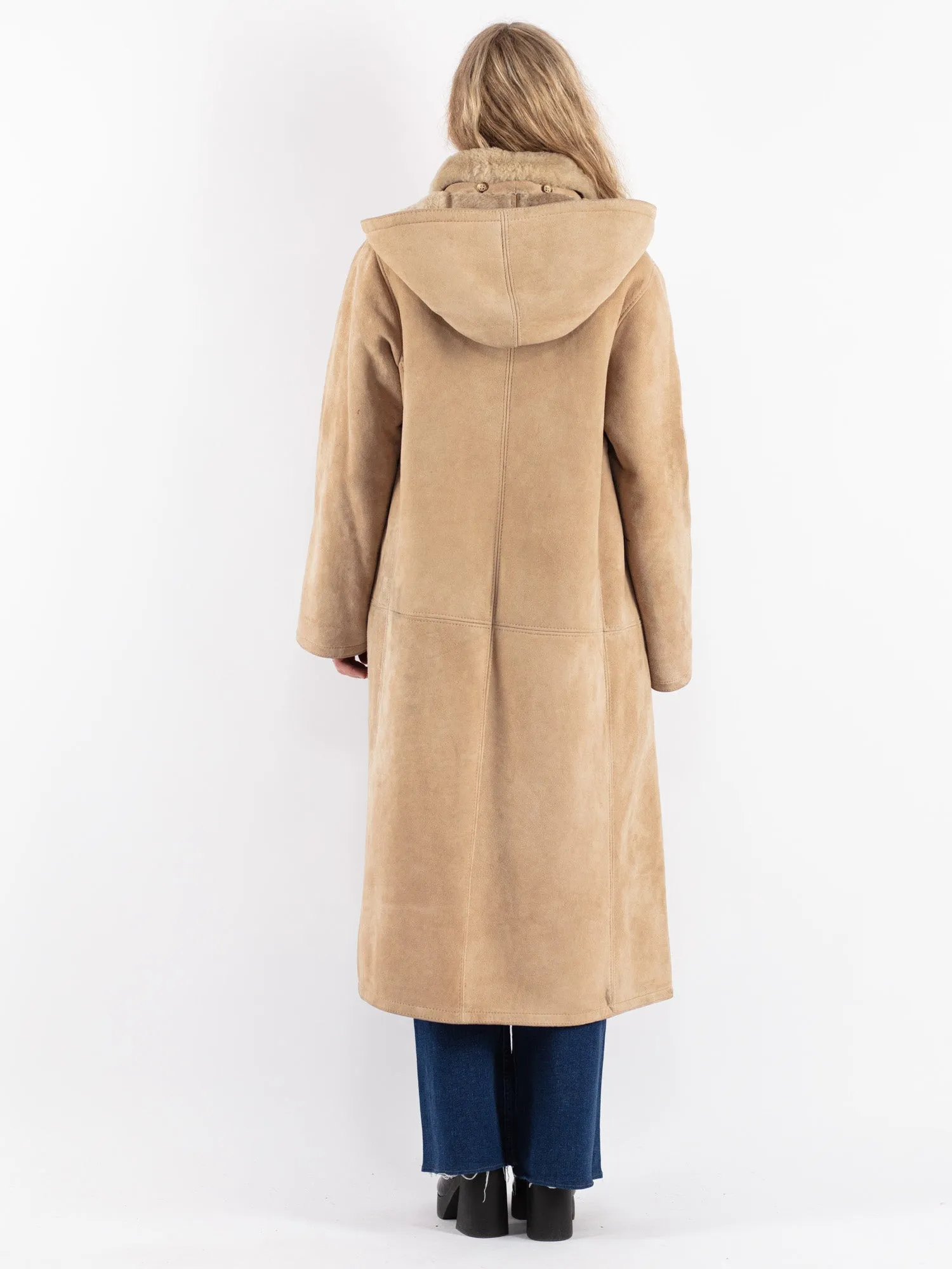 Vintage 70's Women Hooded Sheepskin Coat in Beige