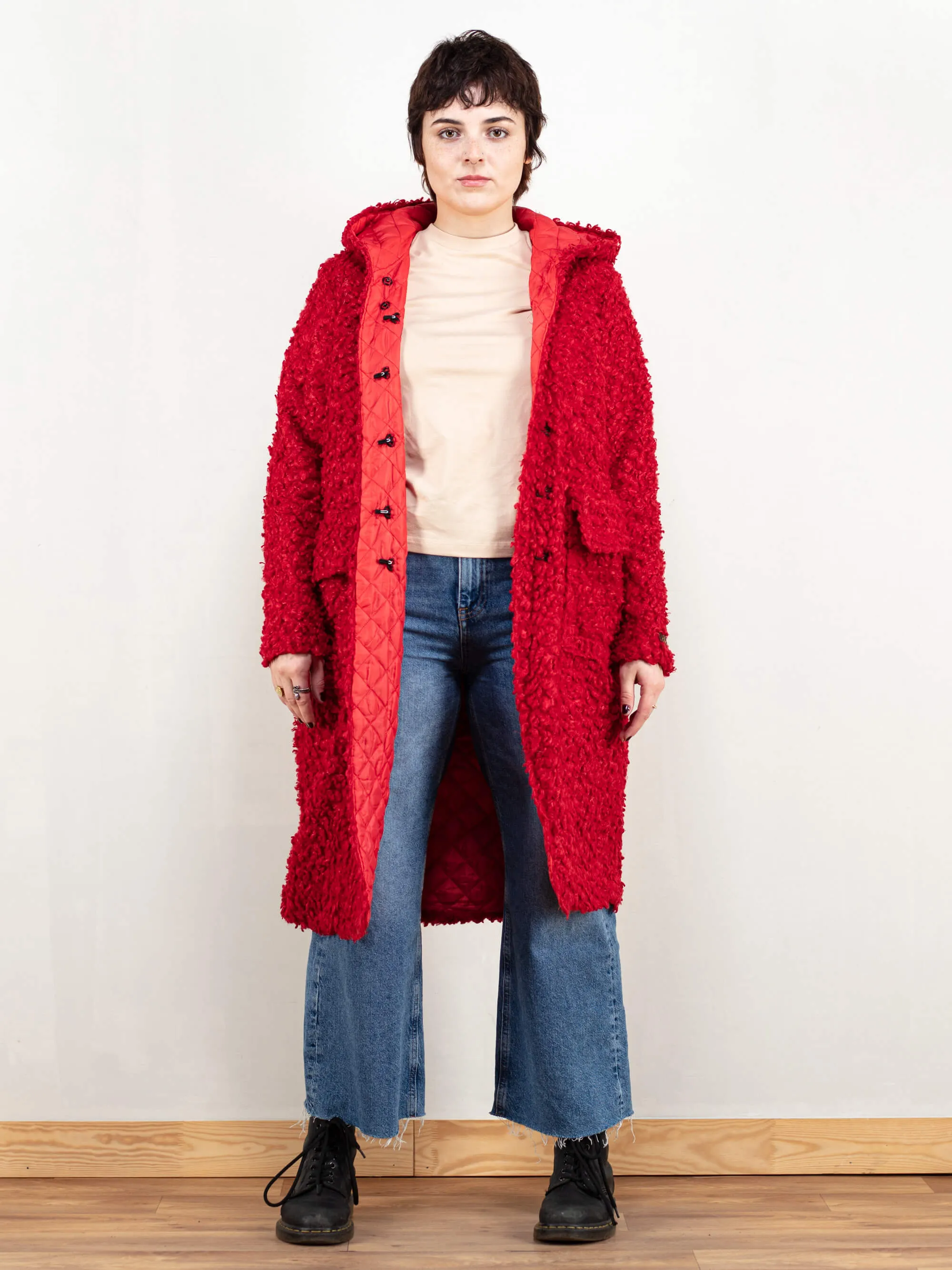 Vintage 70's Women Red Sherpa Hooded Coat