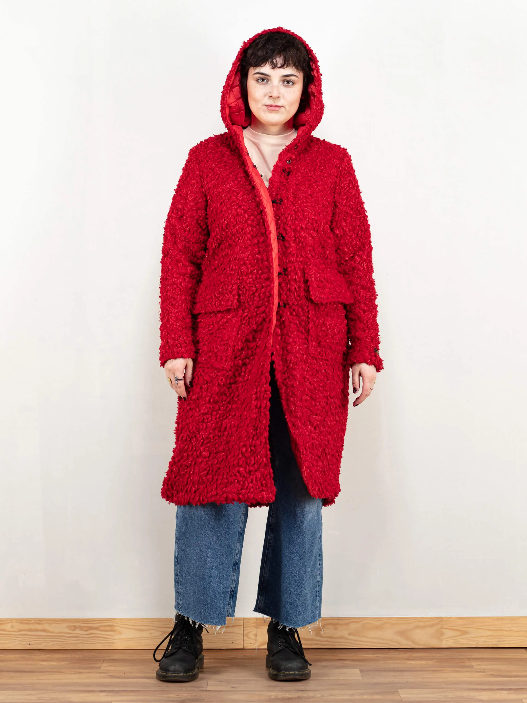 Vintage 70's Women Red Sherpa Hooded Coat