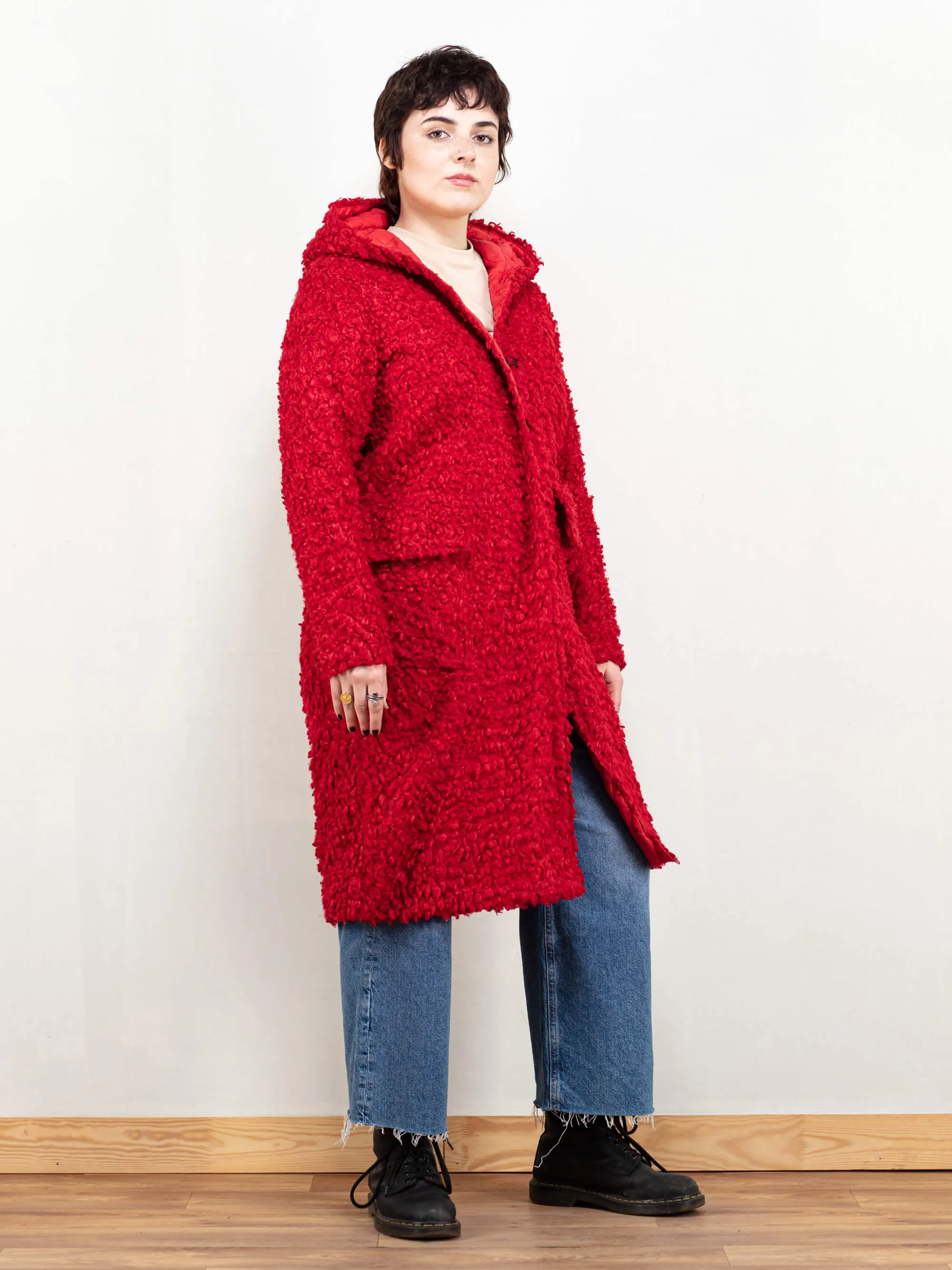 Vintage 70's Women Red Sherpa Hooded Coat