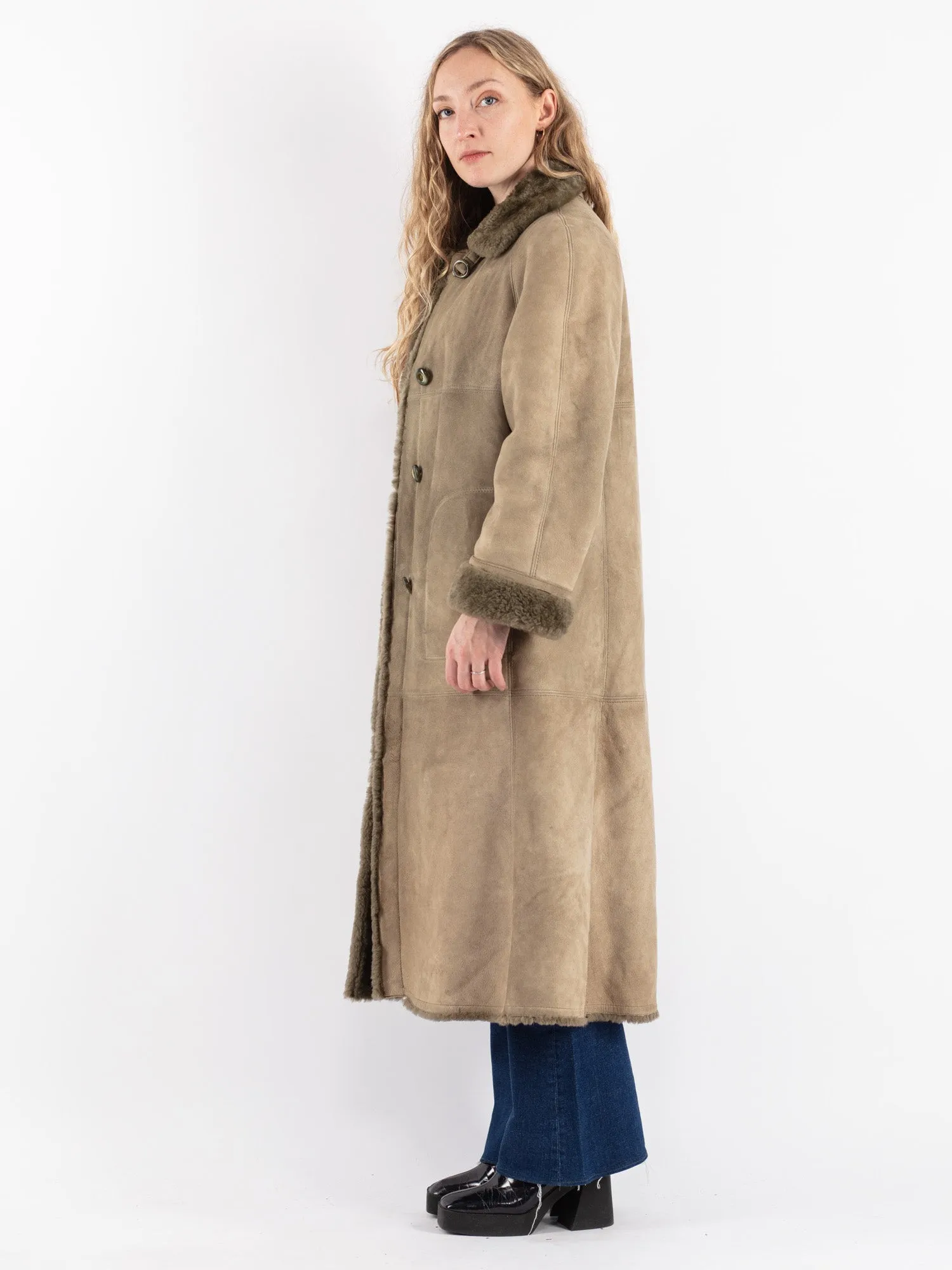 Vintage 70's Women Sheepskin Long Coat in Beige Green