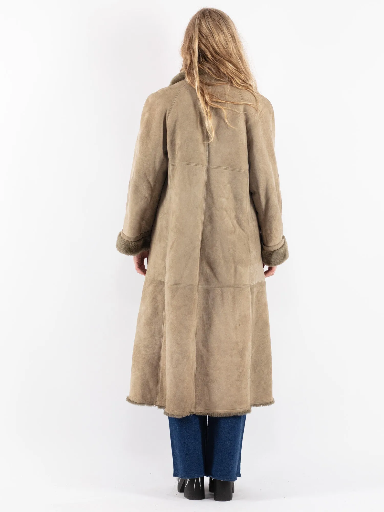 Vintage 70's Women Sheepskin Long Coat in Beige Green