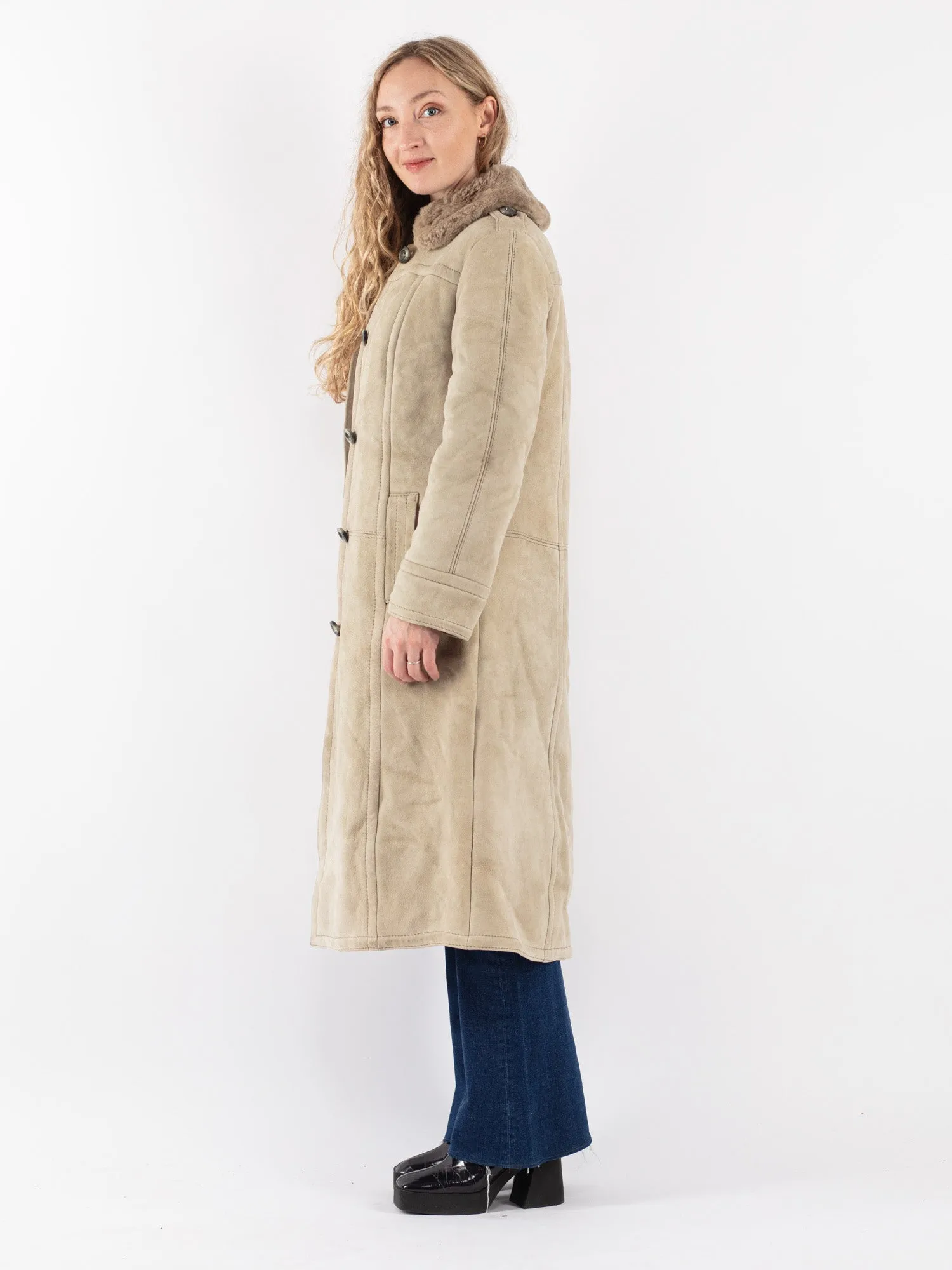 Vintage 70's Women Sheepskin Long Coat in Beige