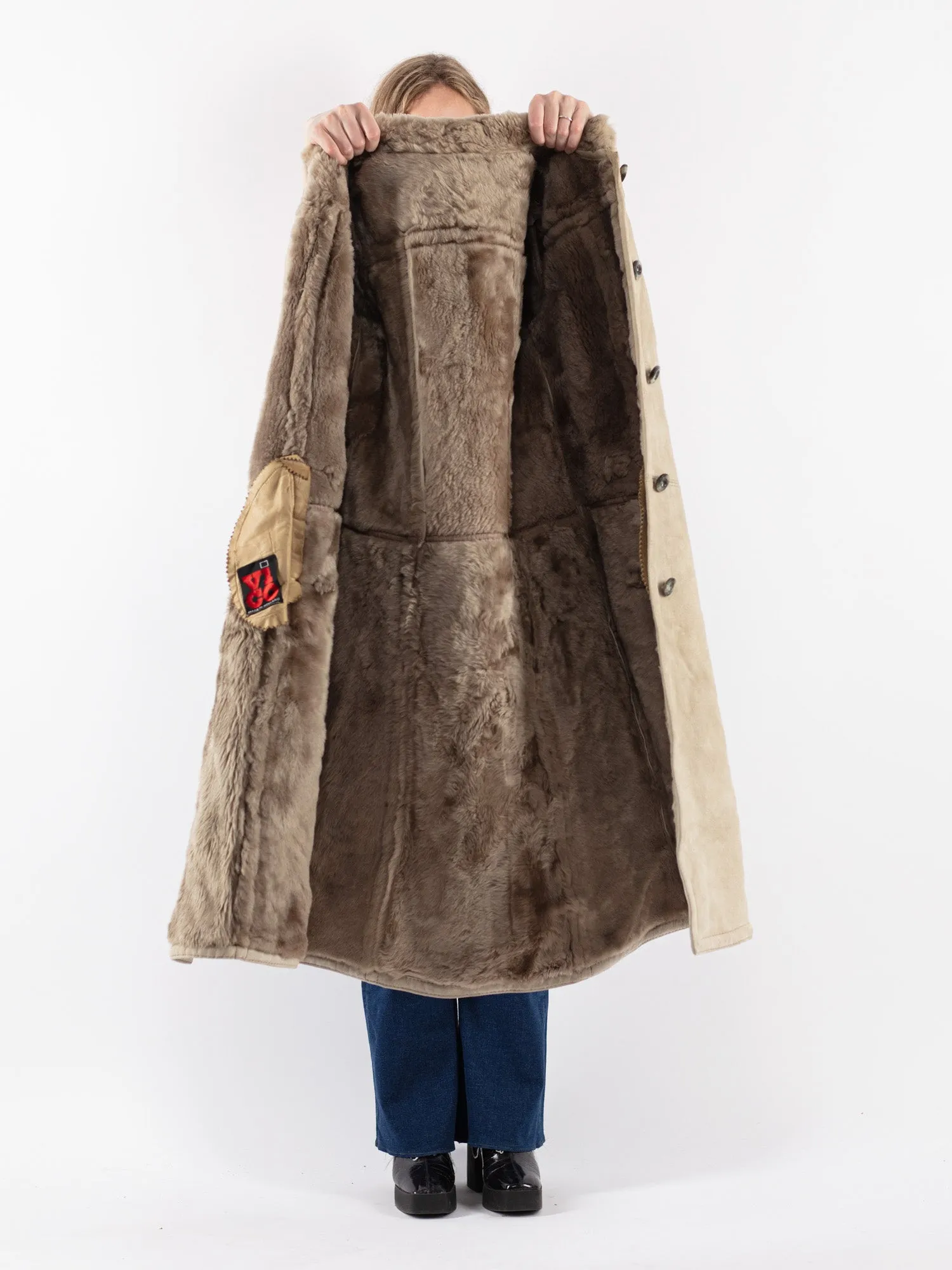 Vintage 70's Women Sheepskin Long Coat in Beige