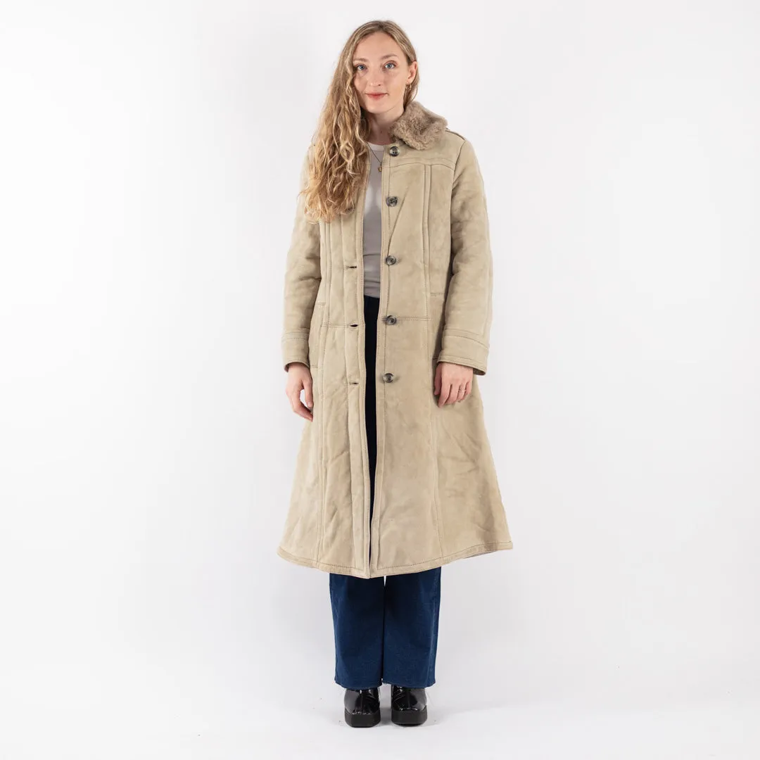 Vintage 70's Women Sheepskin Long Coat in Beige