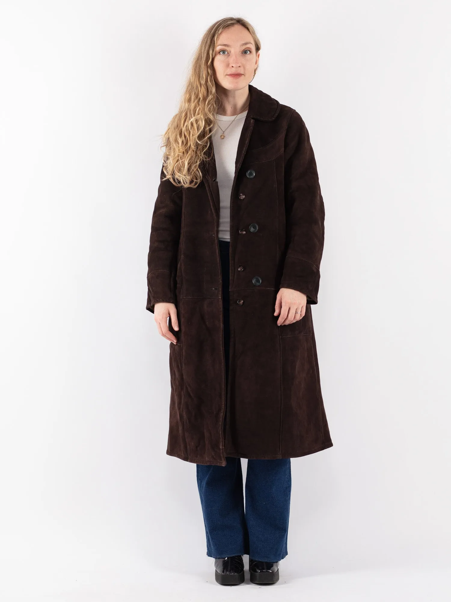 Vintage 70's Women Sheepskin Long Coat in Brown