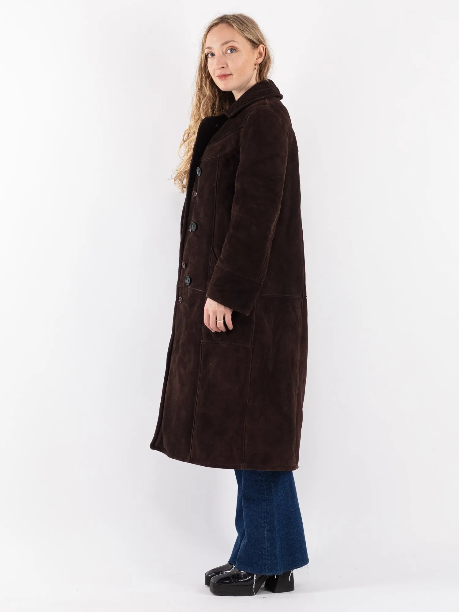 Vintage 70's Women Sheepskin Long Coat in Brown