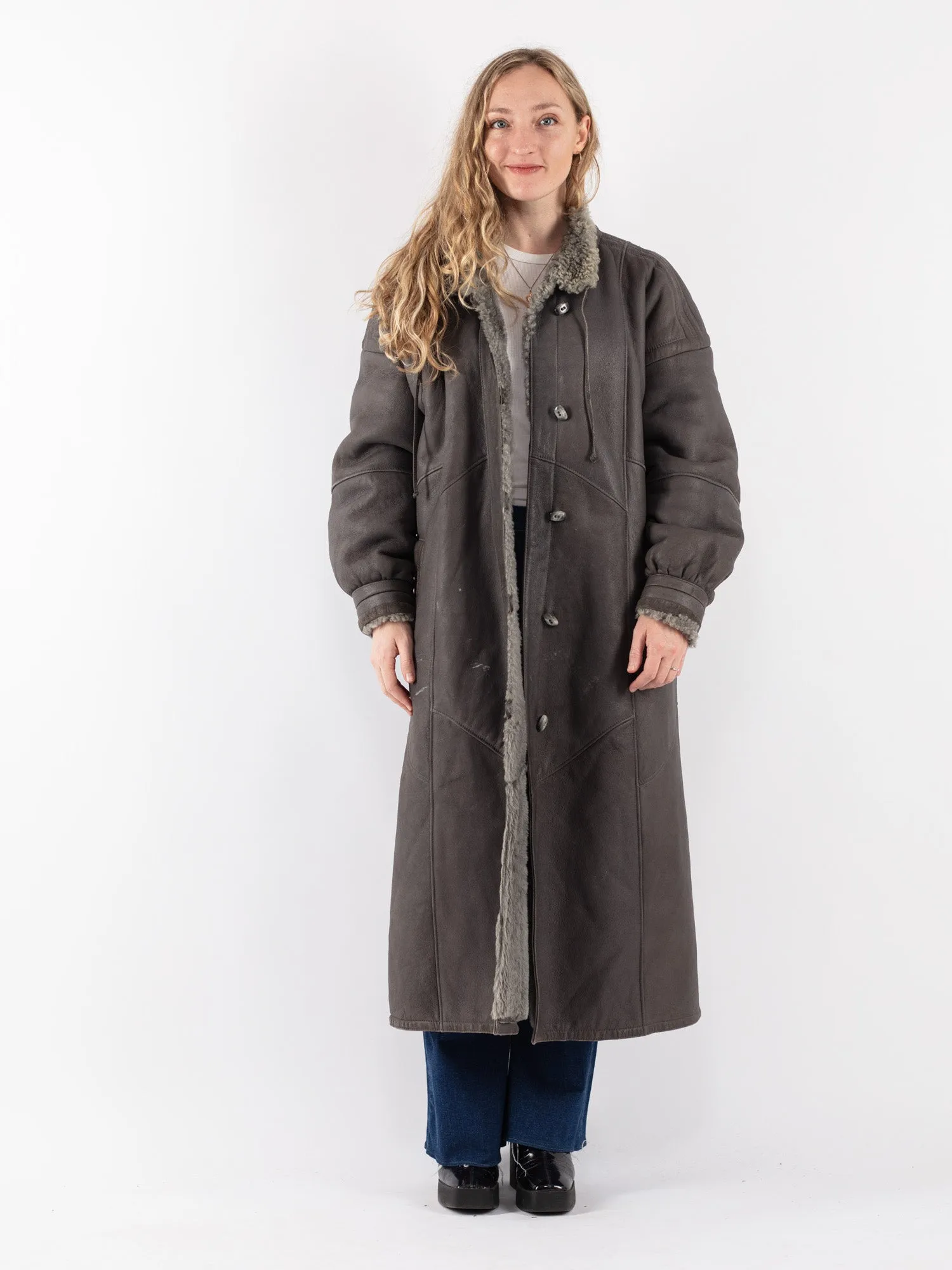 Vintage 70's Women Sheepskin Long Coat in Gray