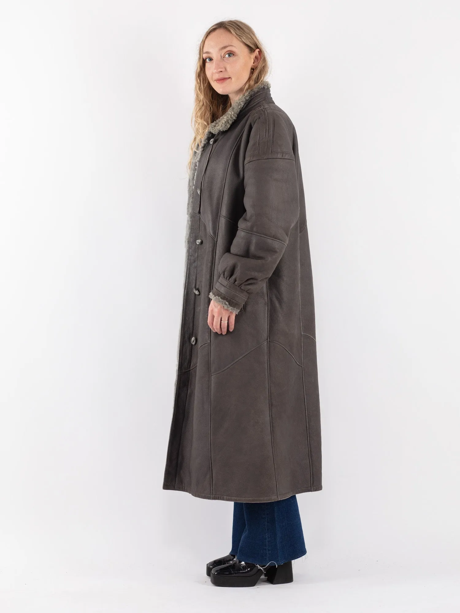 Vintage 70's Women Sheepskin Long Coat in Gray