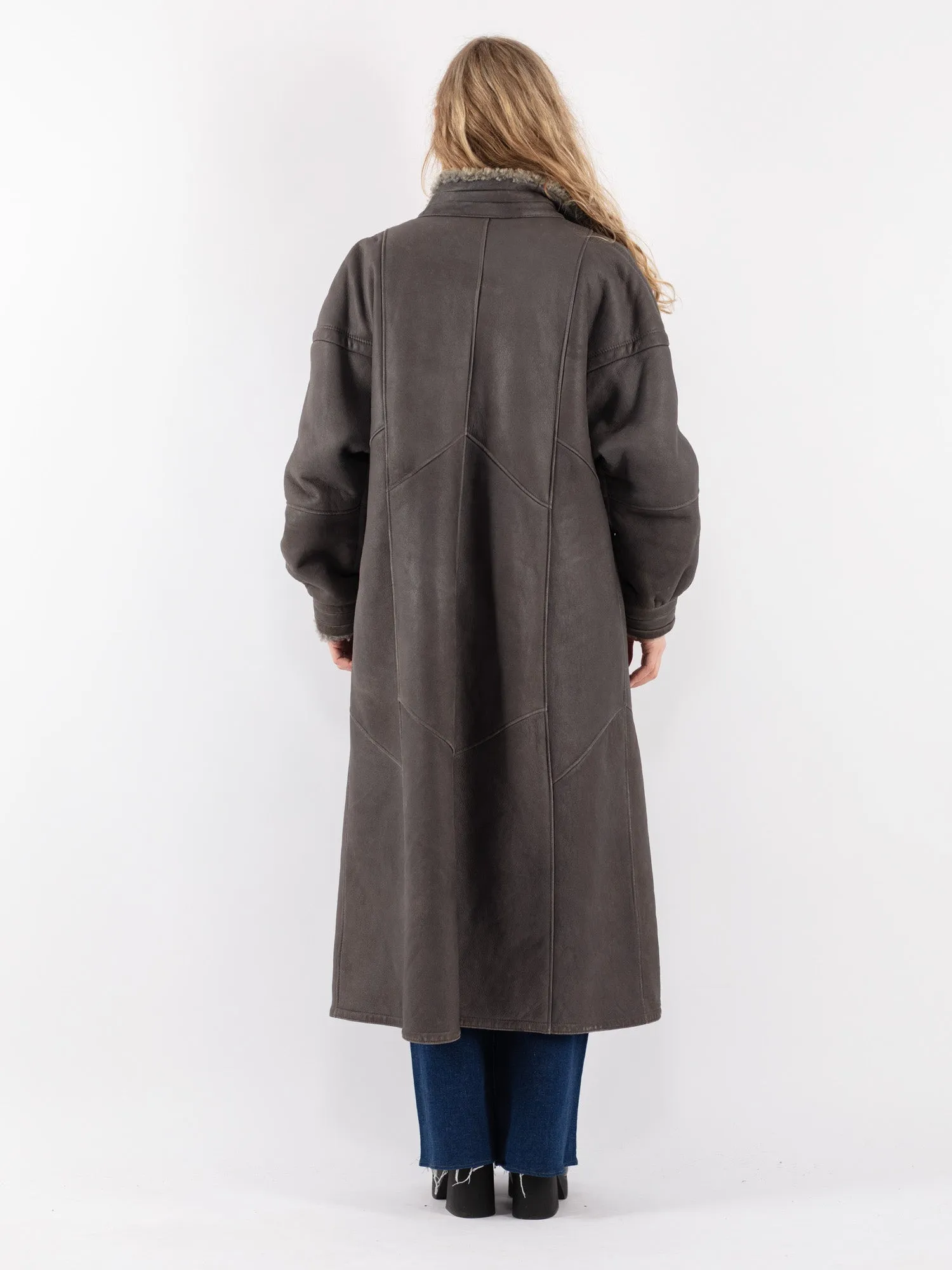 Vintage 70's Women Sheepskin Long Coat in Gray