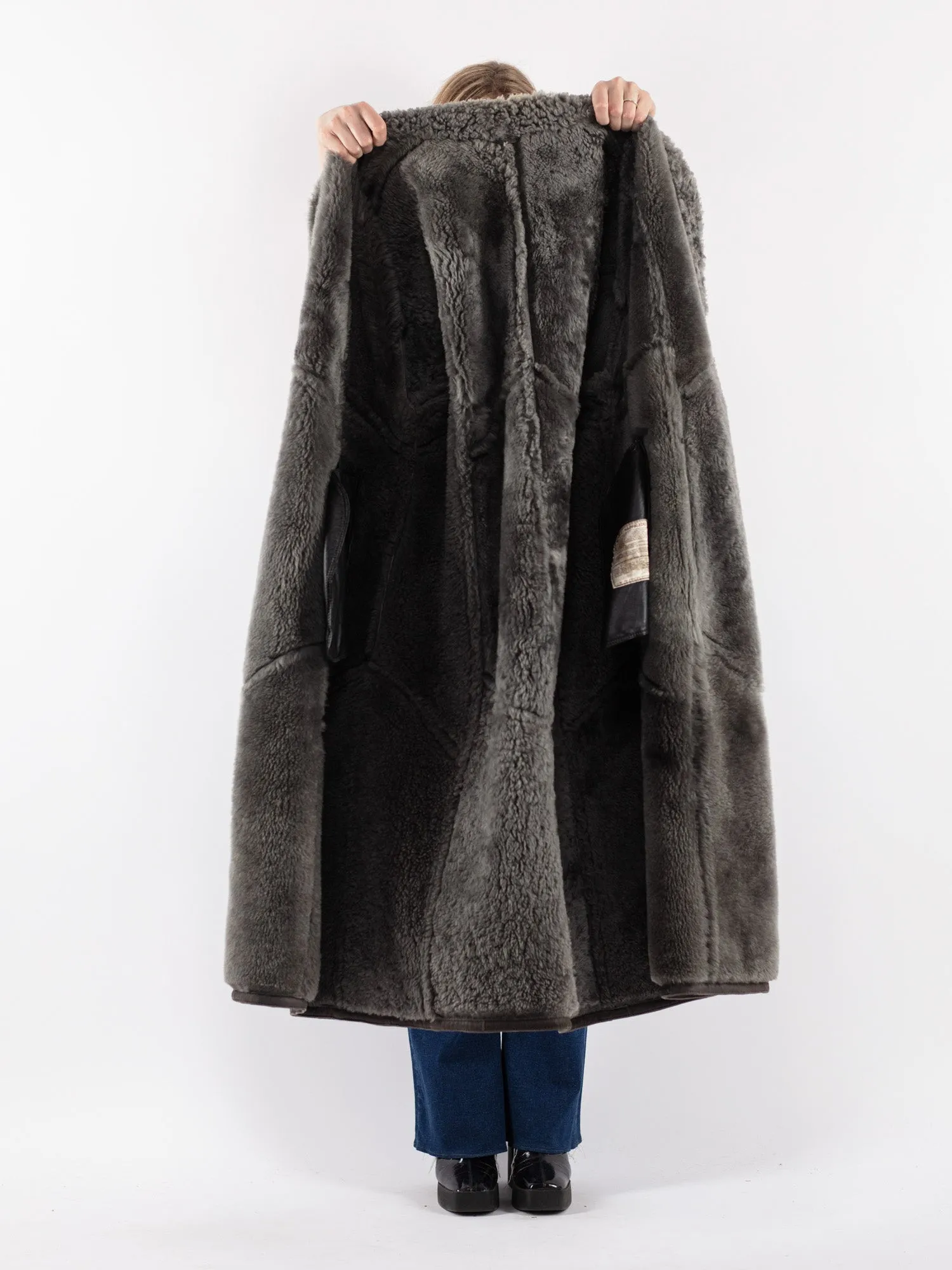 Vintage 70's Women Sheepskin Long Coat in Gray