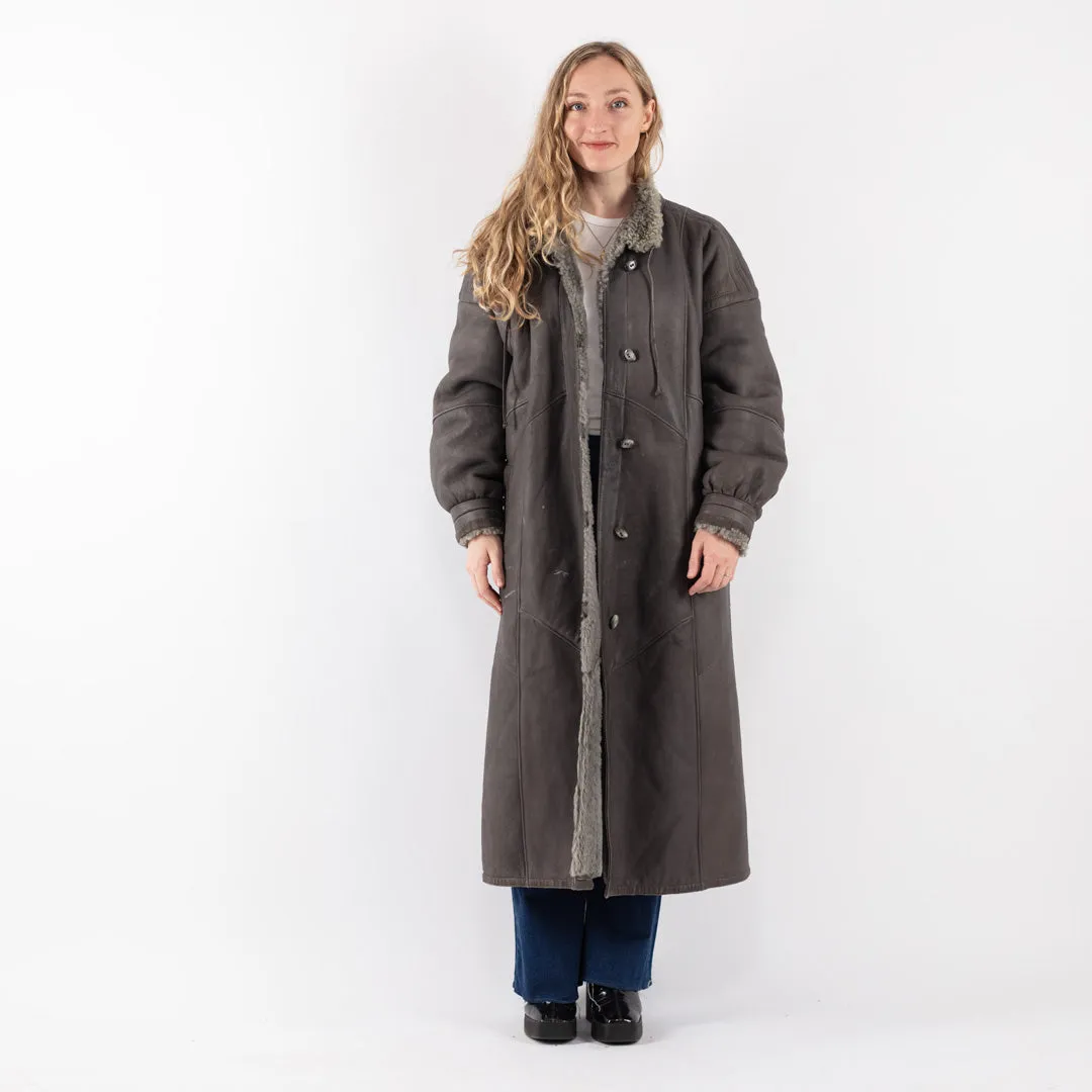 Vintage 70's Women Sheepskin Long Coat in Gray