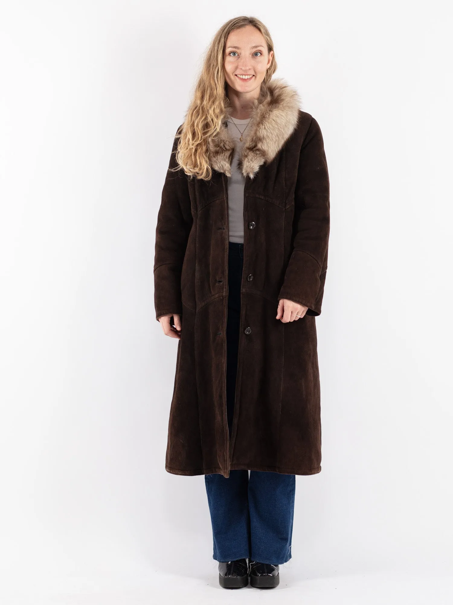 Vintage 70's Women Sheepskin Shearling Coat in Brown