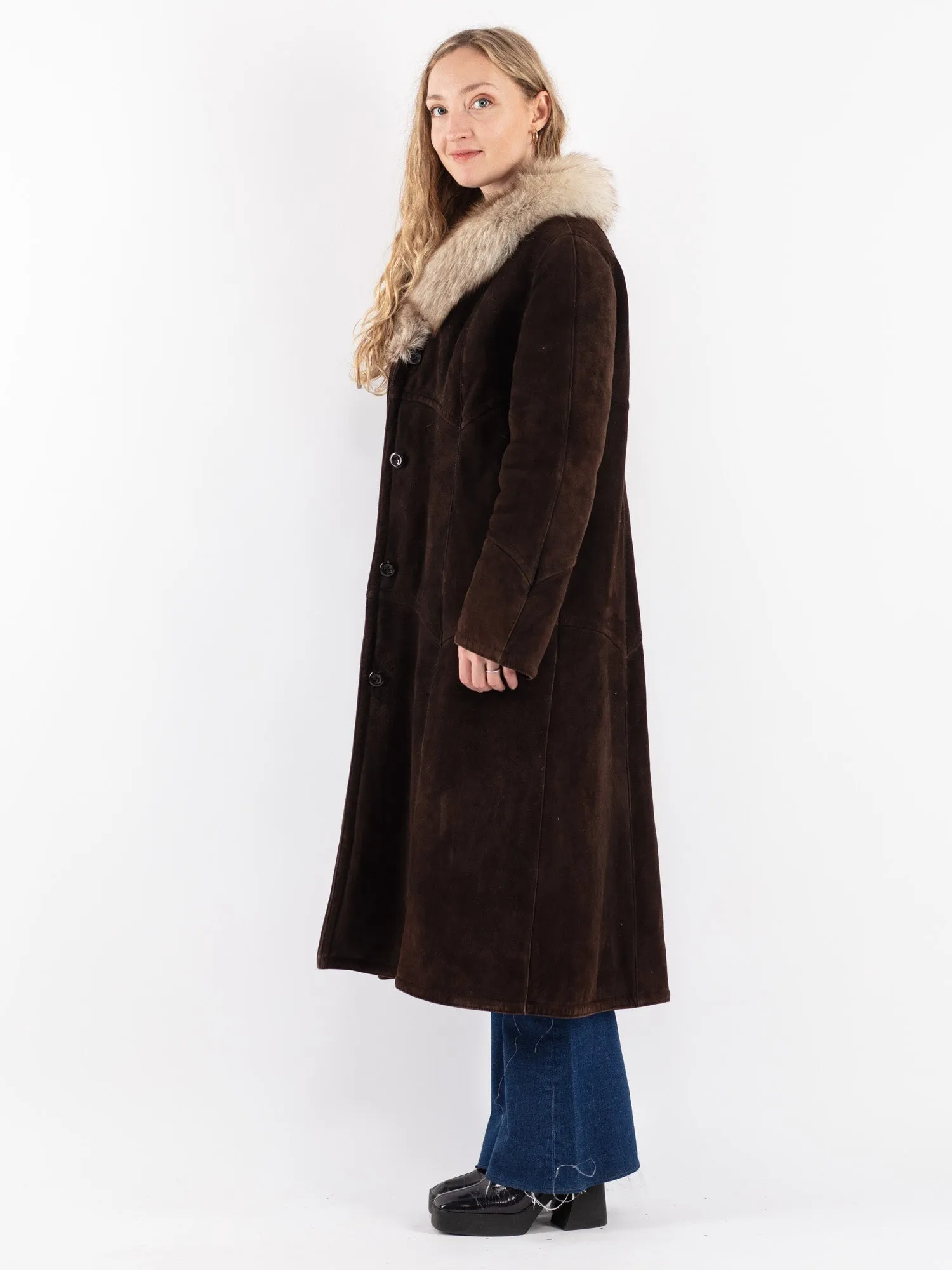 Vintage 70's Women Sheepskin Shearling Coat in Brown