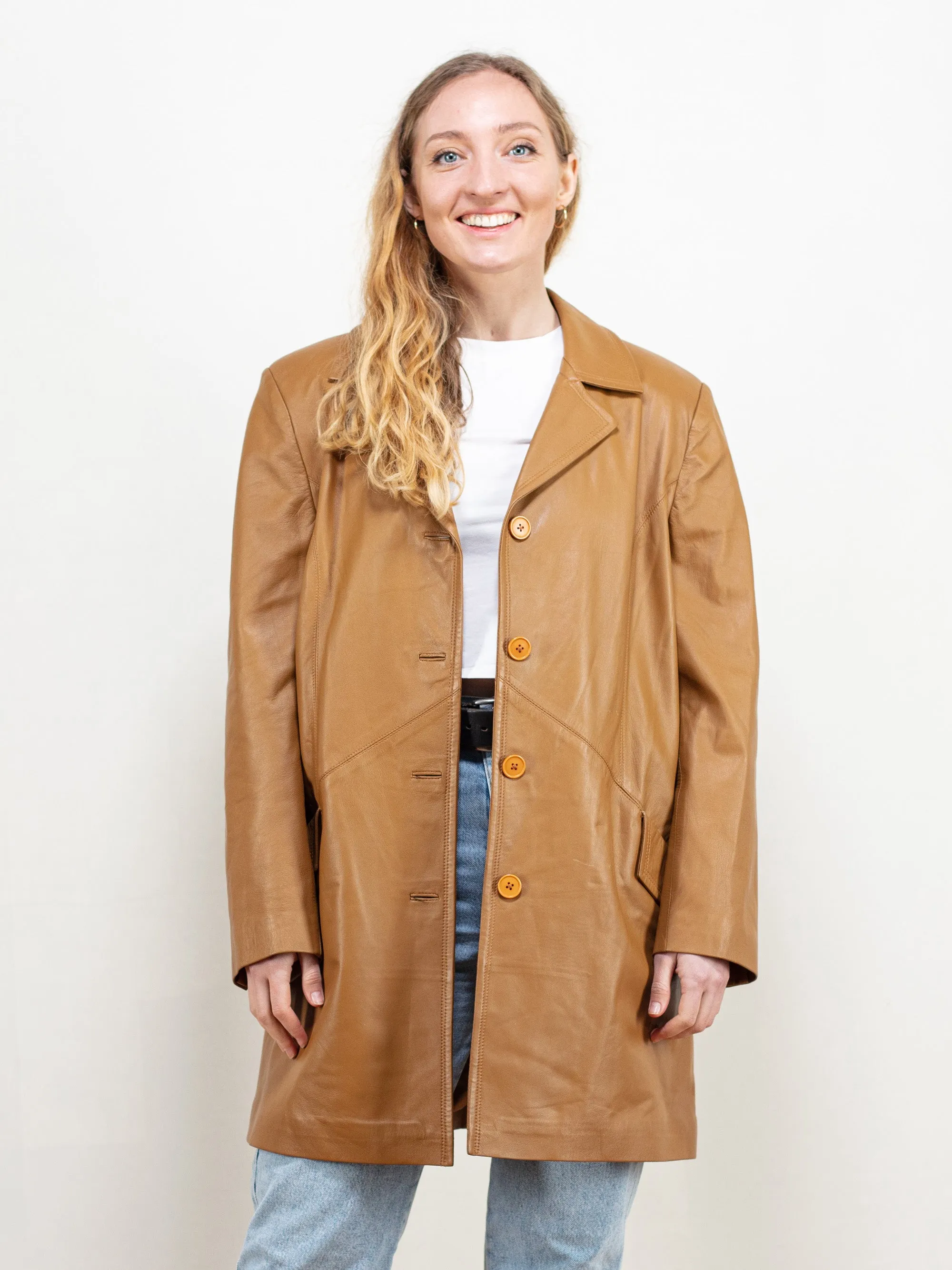 Vintage 80's Women Brown Leather Coat