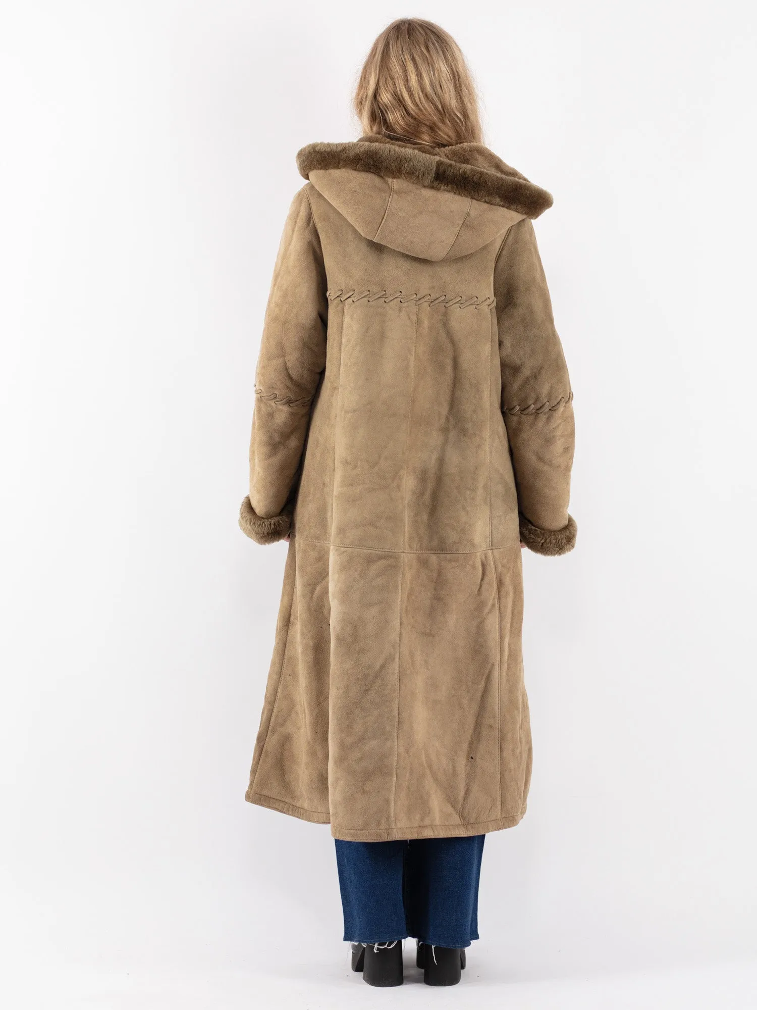 Vintage 80's Women Hooded Sheepskin Coat in Green