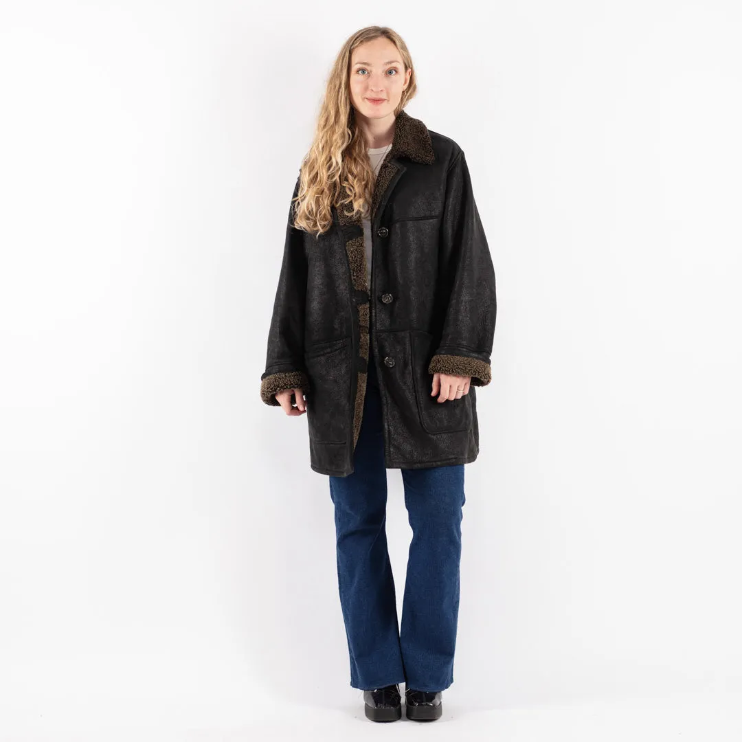 Vintage 80's Women Sheepskin Coat in Black