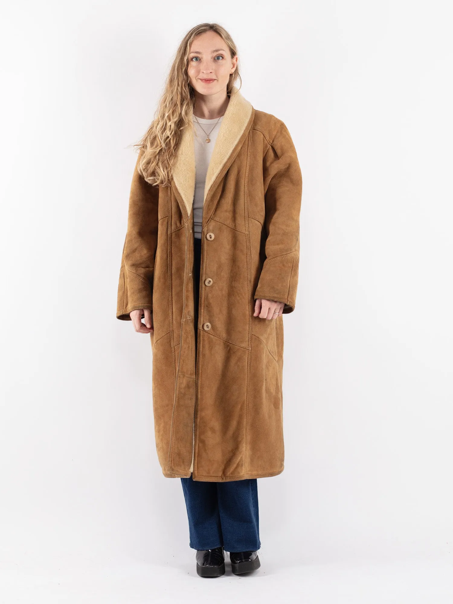 Vintage 80's Women Sheepskin Long Coat in Beige