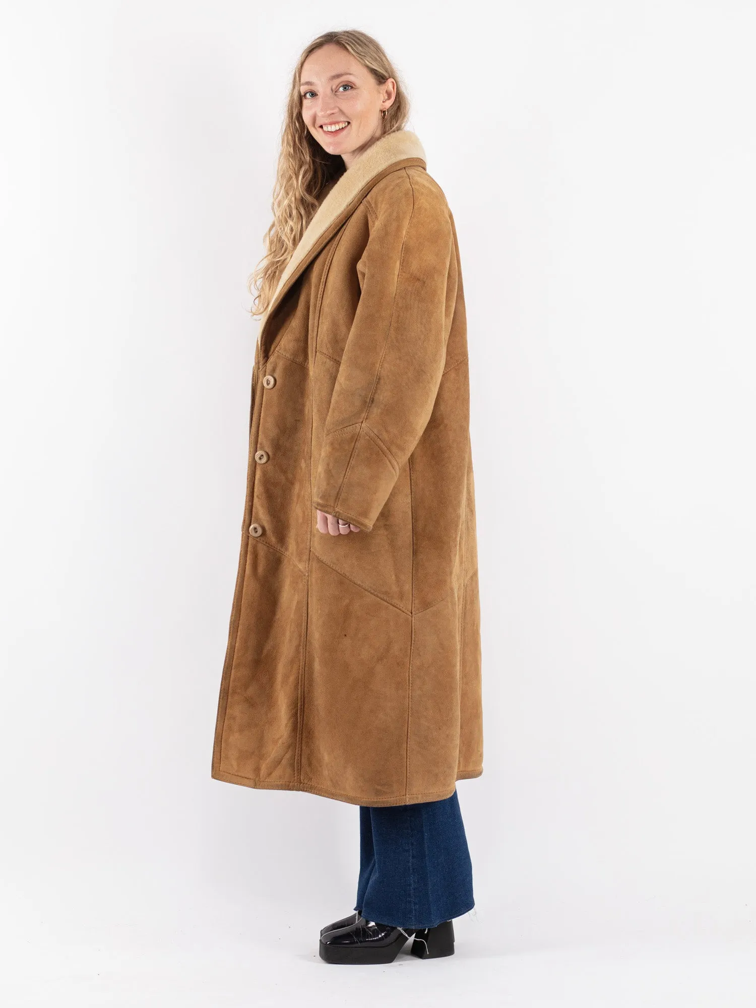 Vintage 80's Women Sheepskin Long Coat in Beige