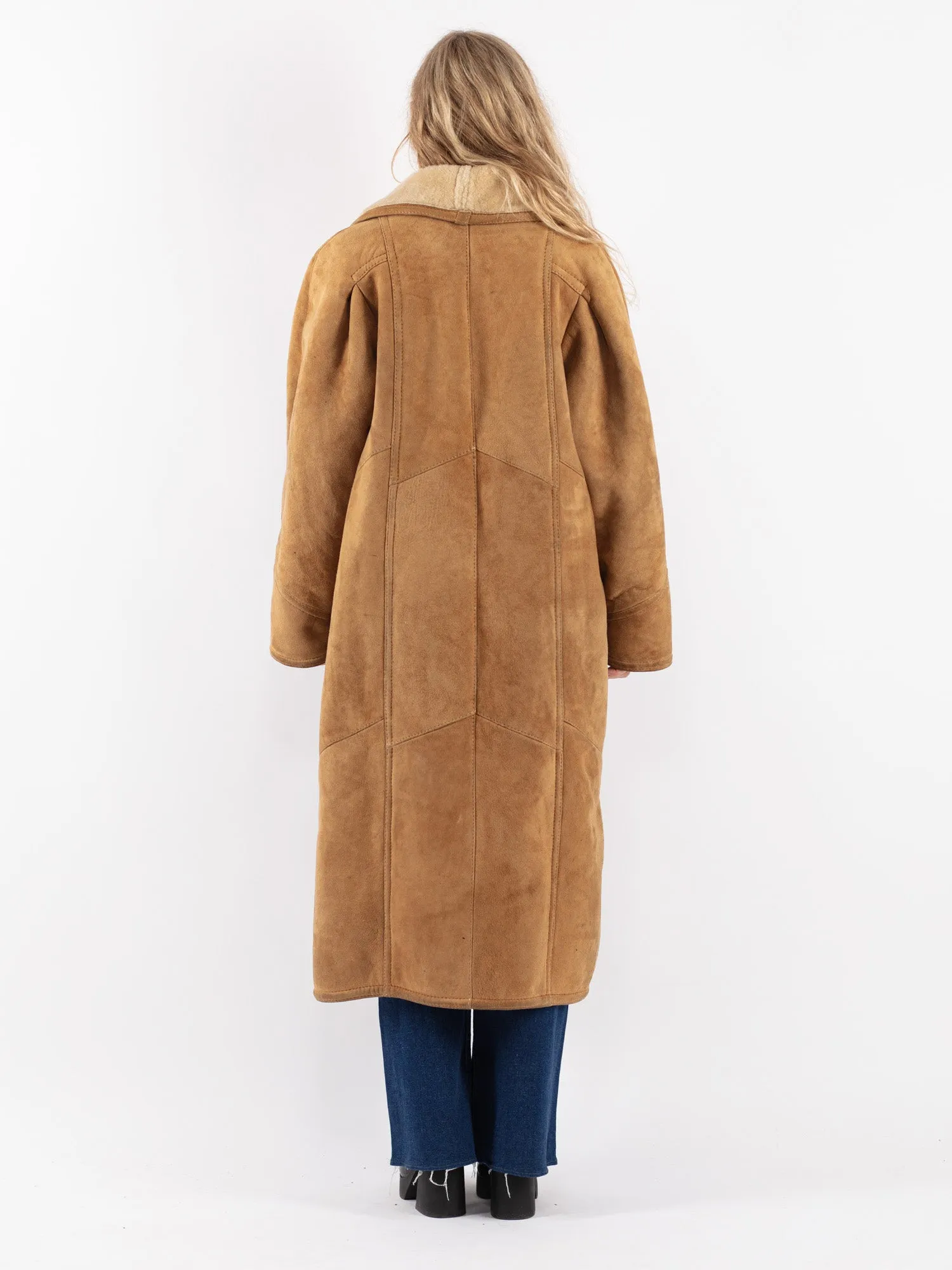 Vintage 80's Women Sheepskin Long Coat in Beige