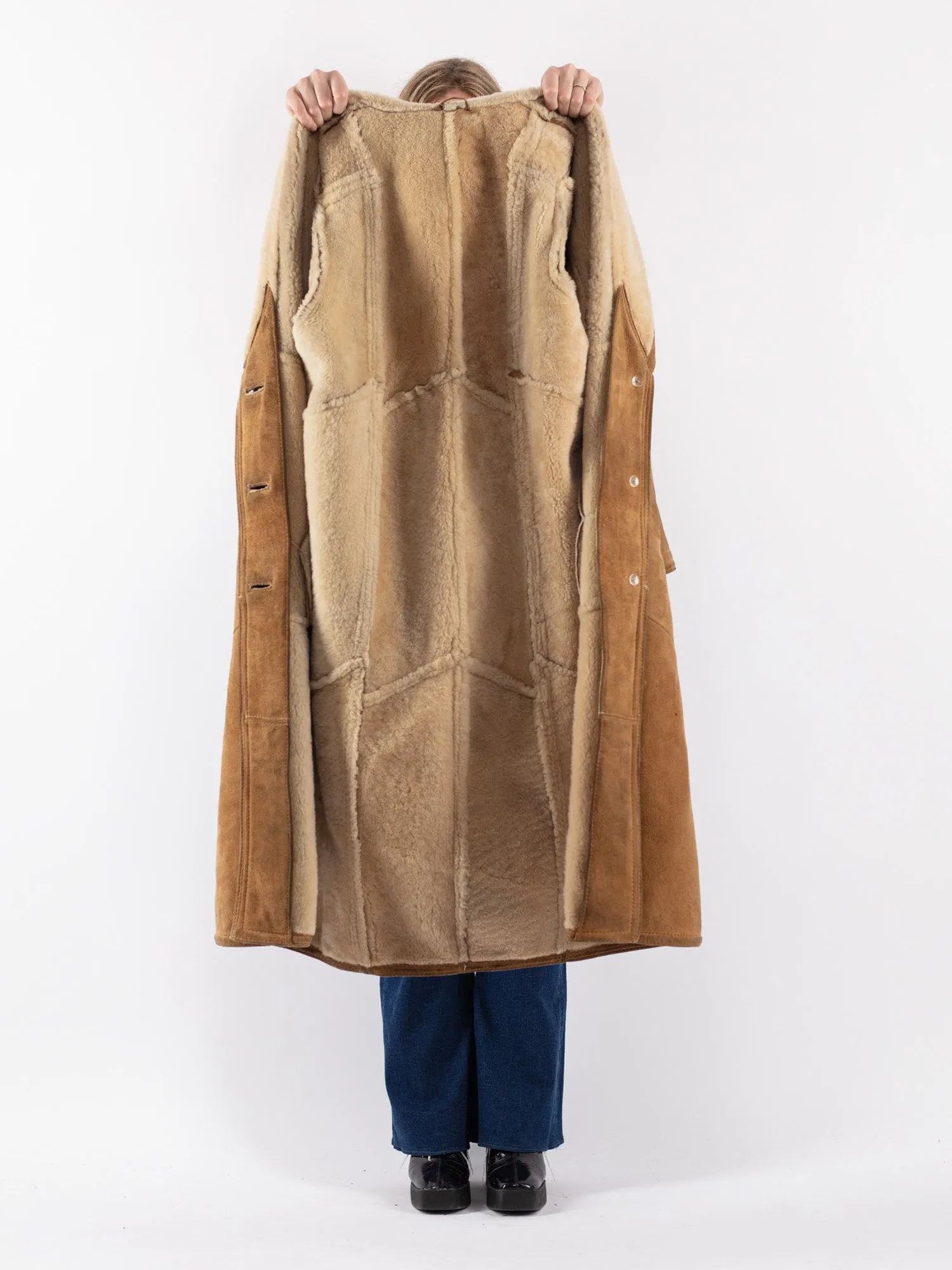 Vintage 80's Women Sheepskin Long Coat in Beige