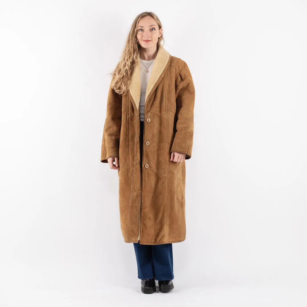 Vintage 80's Women Sheepskin Long Coat in Beige