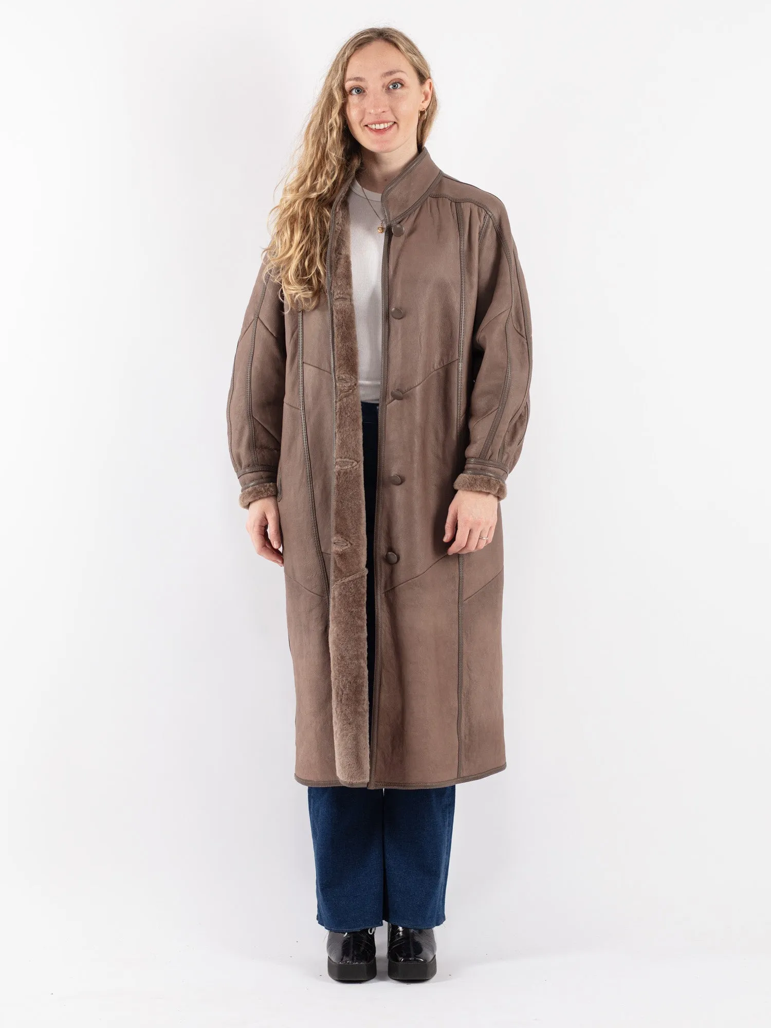 Vintage 80's Women Sheepskin Long Coat in Brown