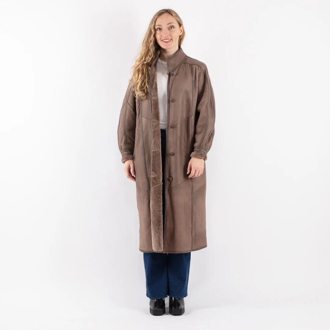 Vintage 80's Women Sheepskin Long Coat in Brown