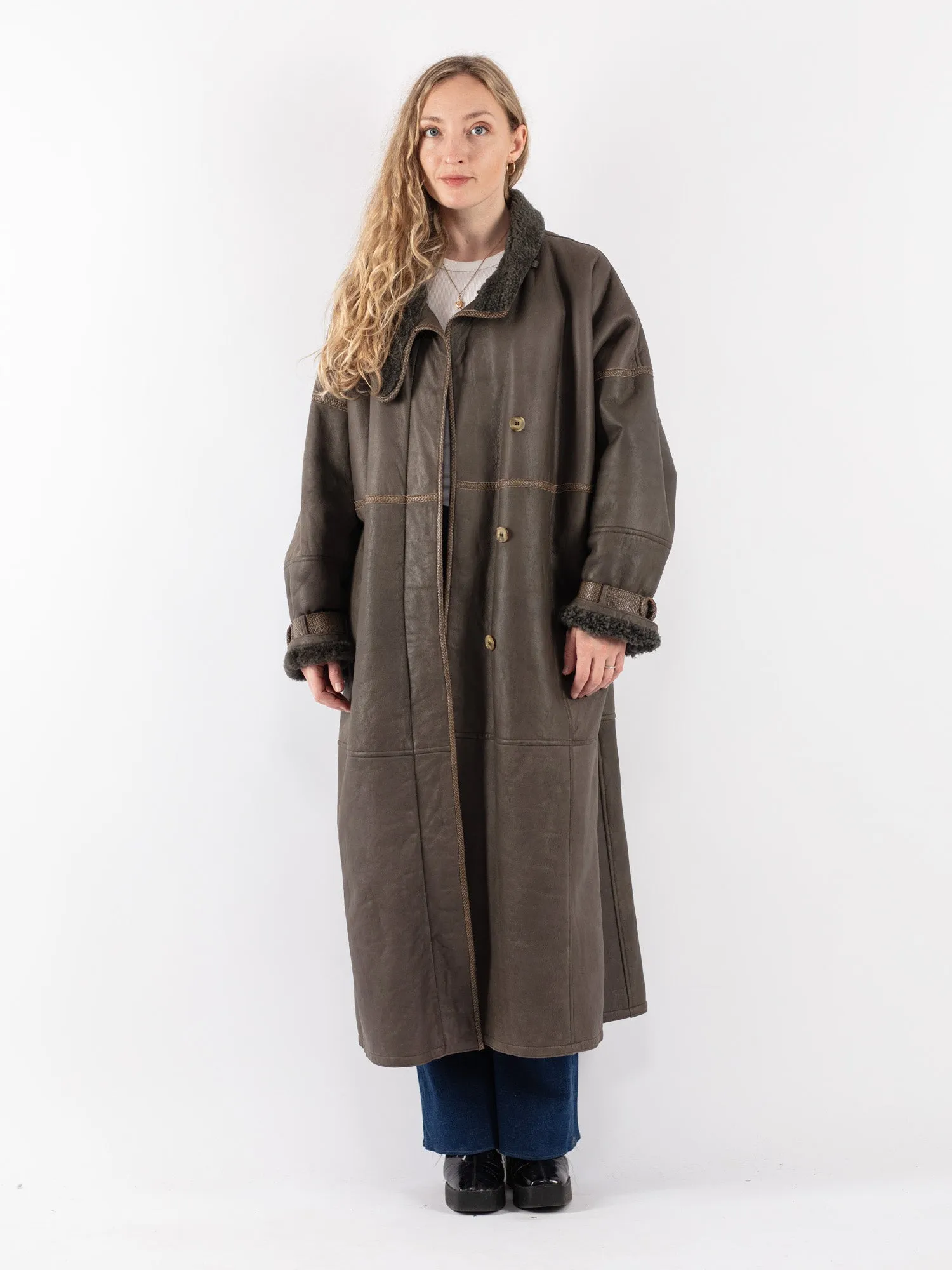 Vintage 80's Women Sheepskin Shearling Long Coat in Green