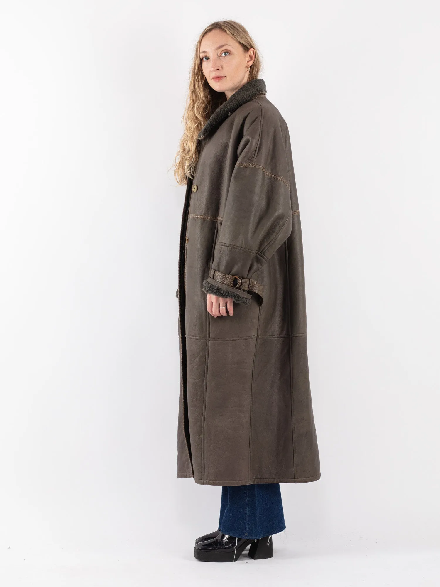 Vintage 80's Women Sheepskin Shearling Long Coat in Green