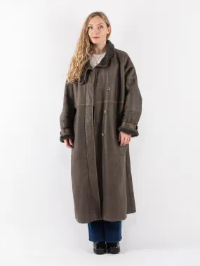 Vintage 80's Women Sheepskin Shearling Long Coat in Green