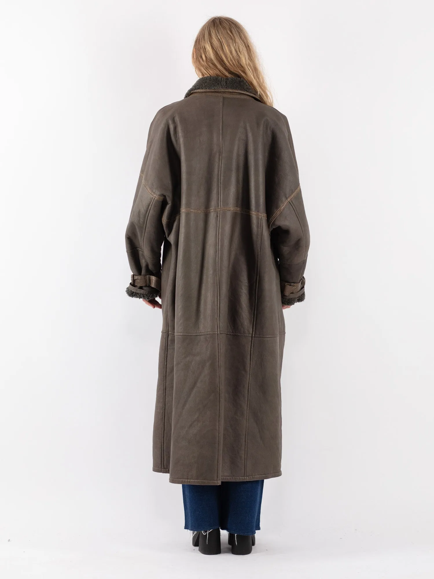 Vintage 80's Women Sheepskin Shearling Long Coat in Green